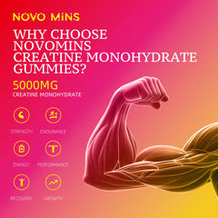 Novomins Creatine Gummy vegan label highlights plant-based formula.