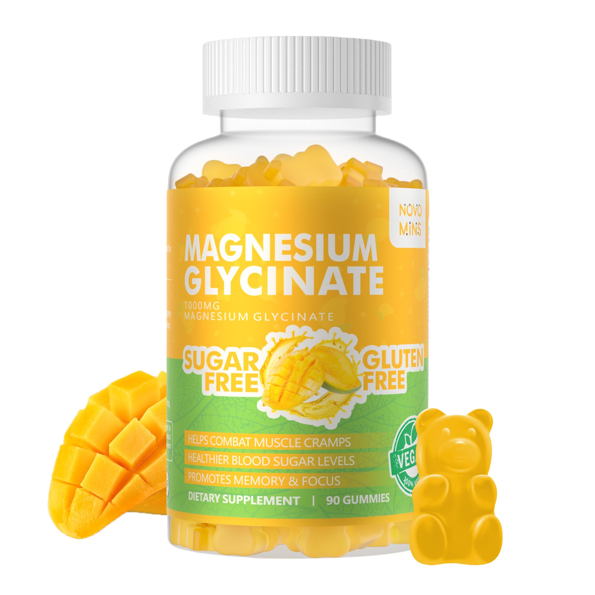 Novomins magnesium-glycinate gummies close-up bottle for calm mood support