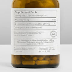 Close-up of Novos Boost NMN capsules, easy-to-tollow daily supplement.