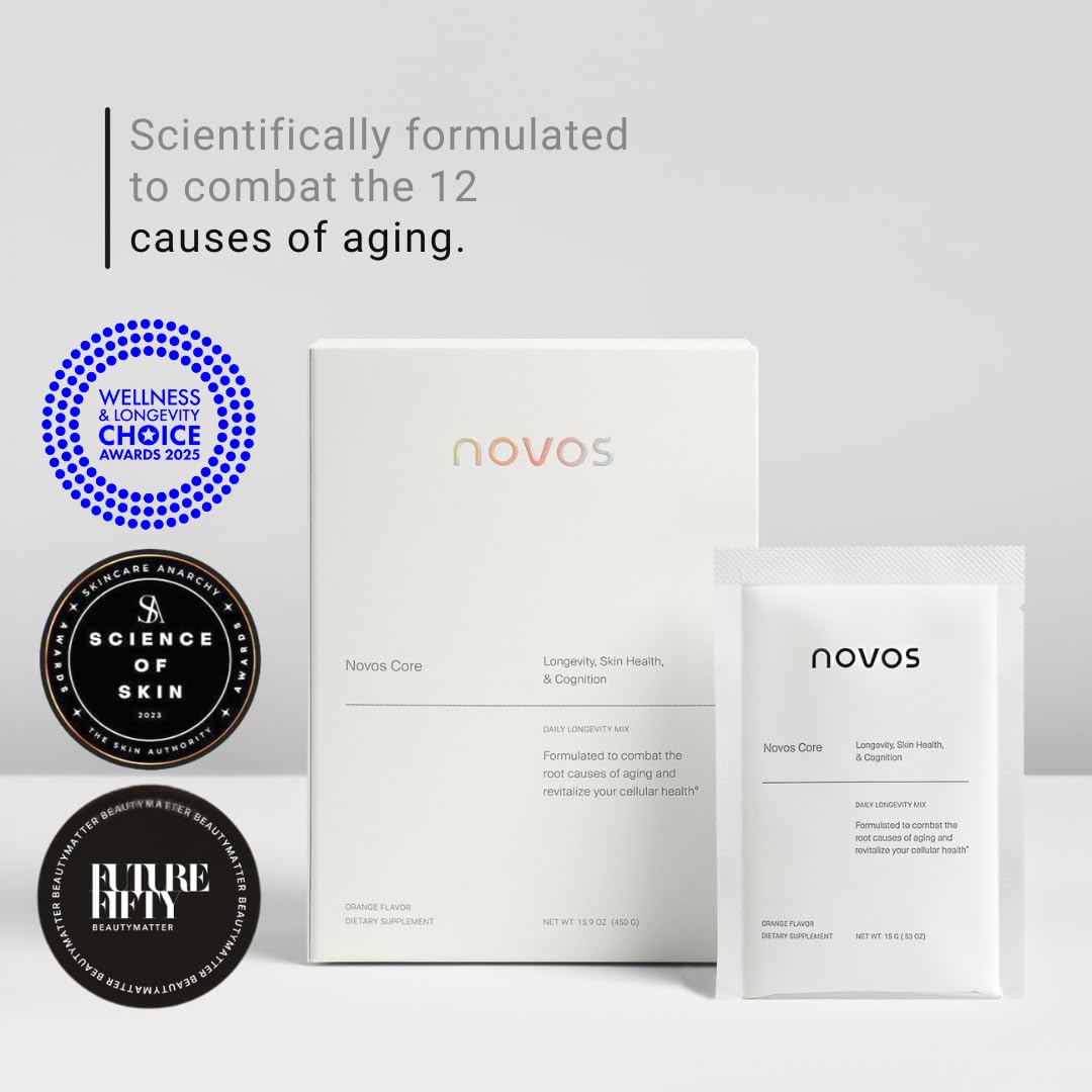 NOVOS Core Longevity Mix glass with orange drink illustrating energy and mood support