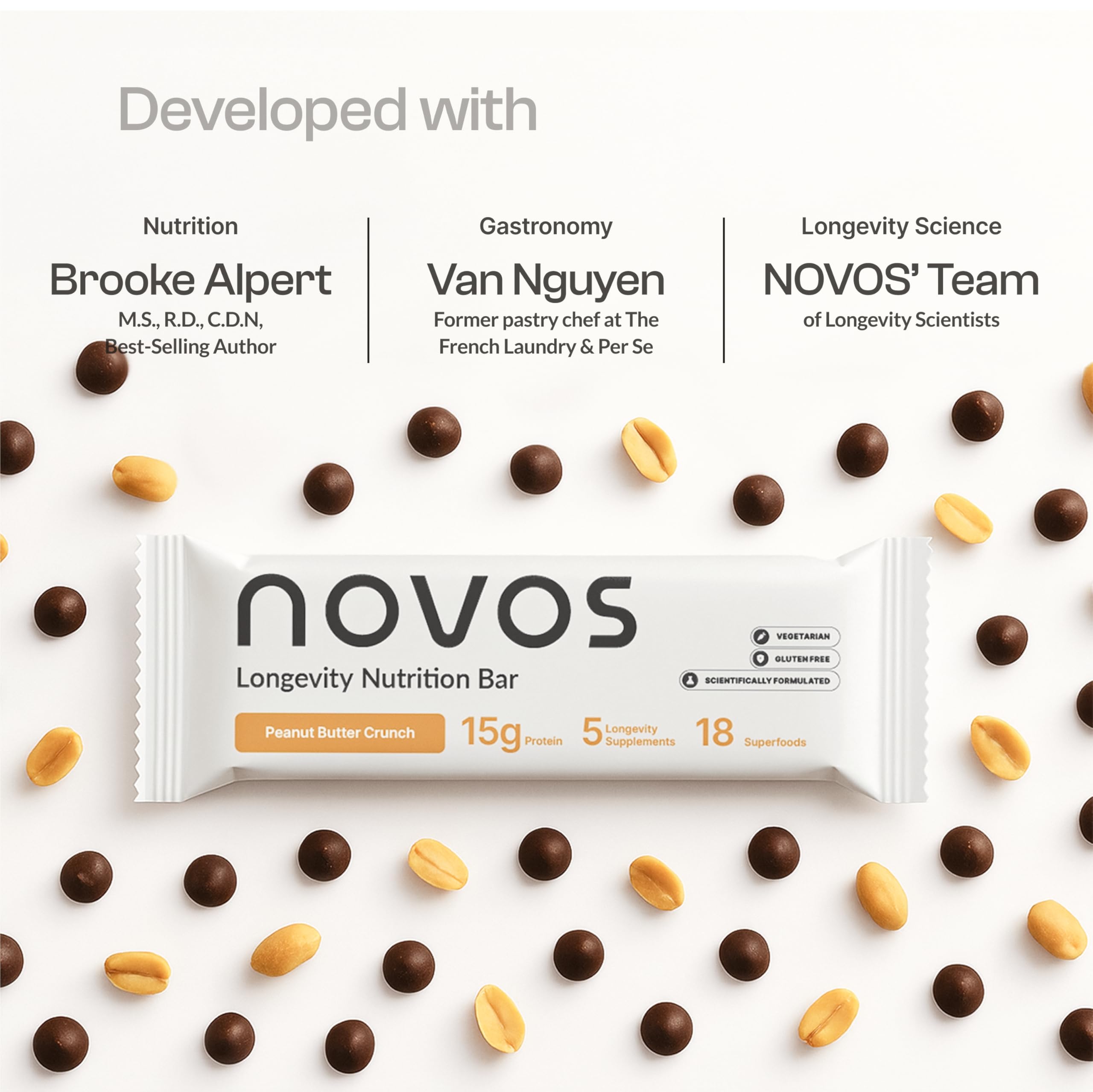 Novos Longevity Bar on-the-go with coffee for a balanced snack.