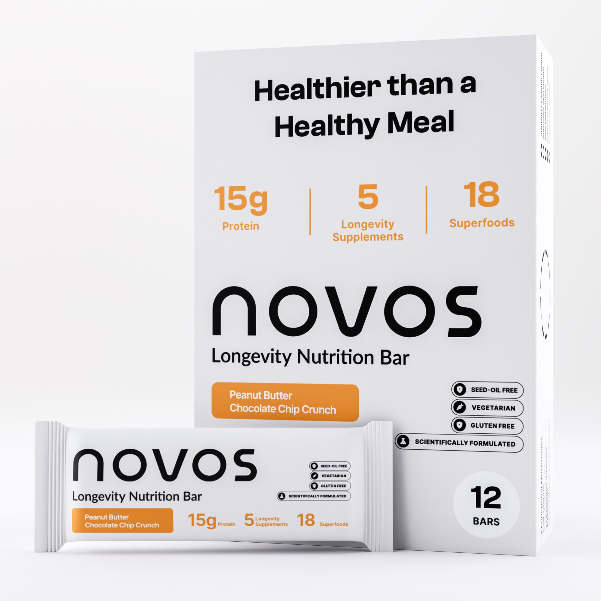 Novos Longevity Bar peanut butter packaging for on-the-go nourishment.