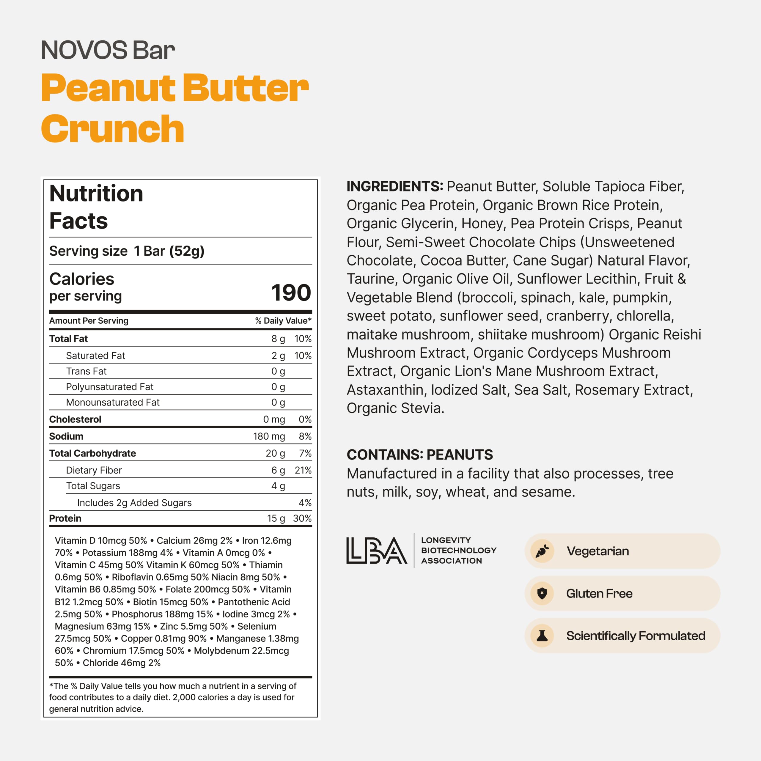 Close-up of Novos Longevity Bar texture with peanut blend.