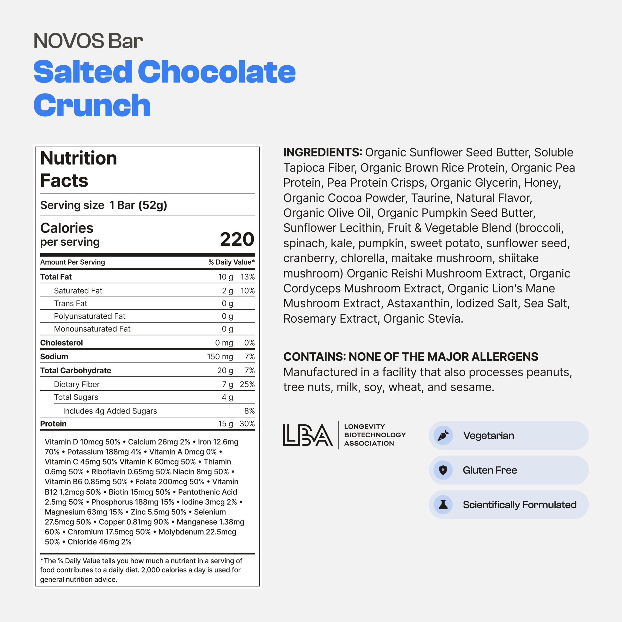 Novos Longevity Meal Bar Salted Chocolate Crunch closeup texture highlights creamy crunch