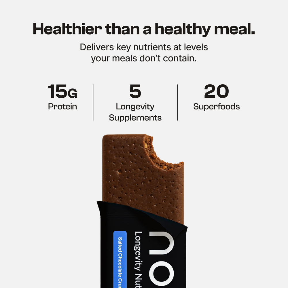 Novos Longevity Meal Bar Salted Chocolate Crunch ingredient-icons highlight longevity nutrients