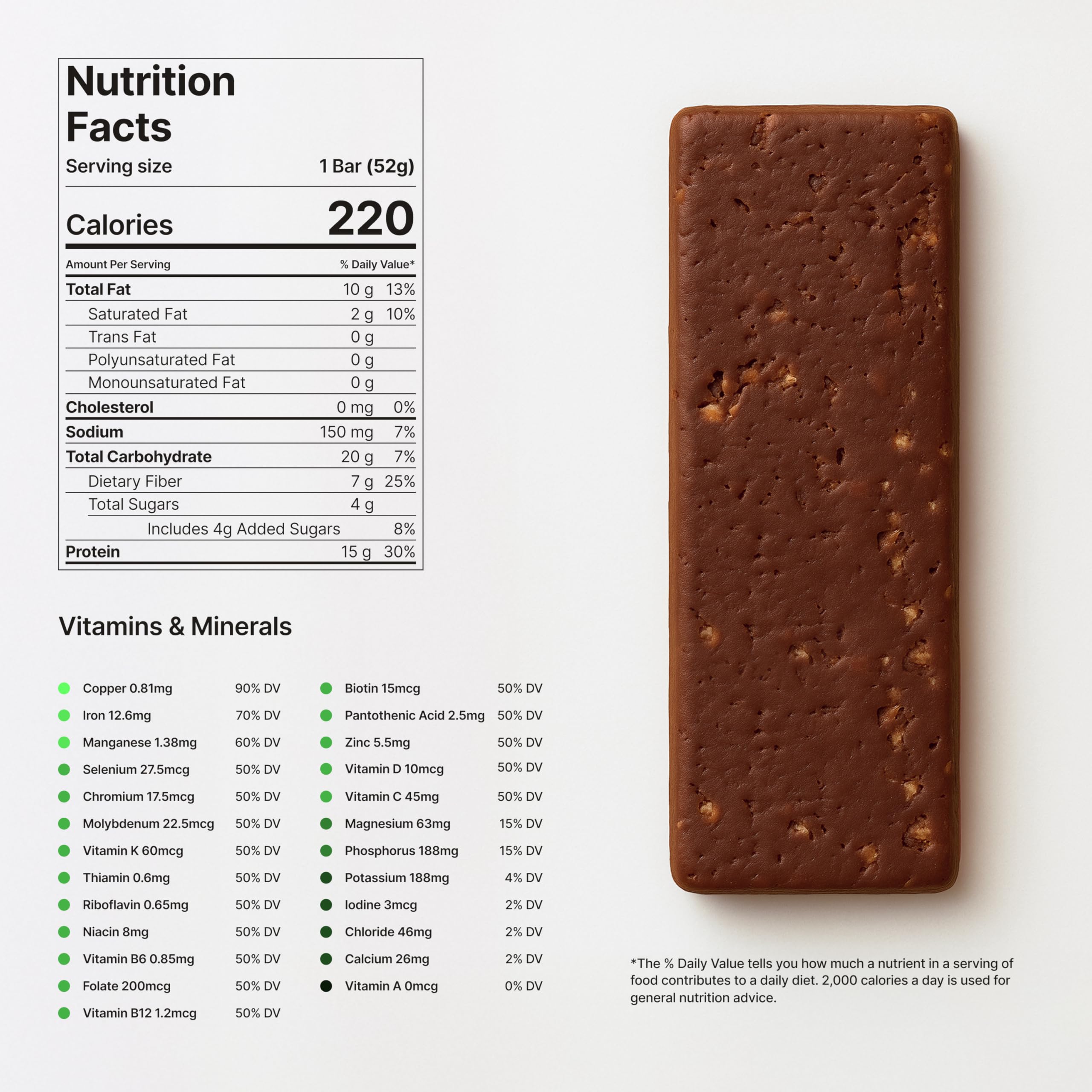Novos Longevity Meal Bar Salted Chocolate Crunch ingredients showcase diverse superfoods and vitamins