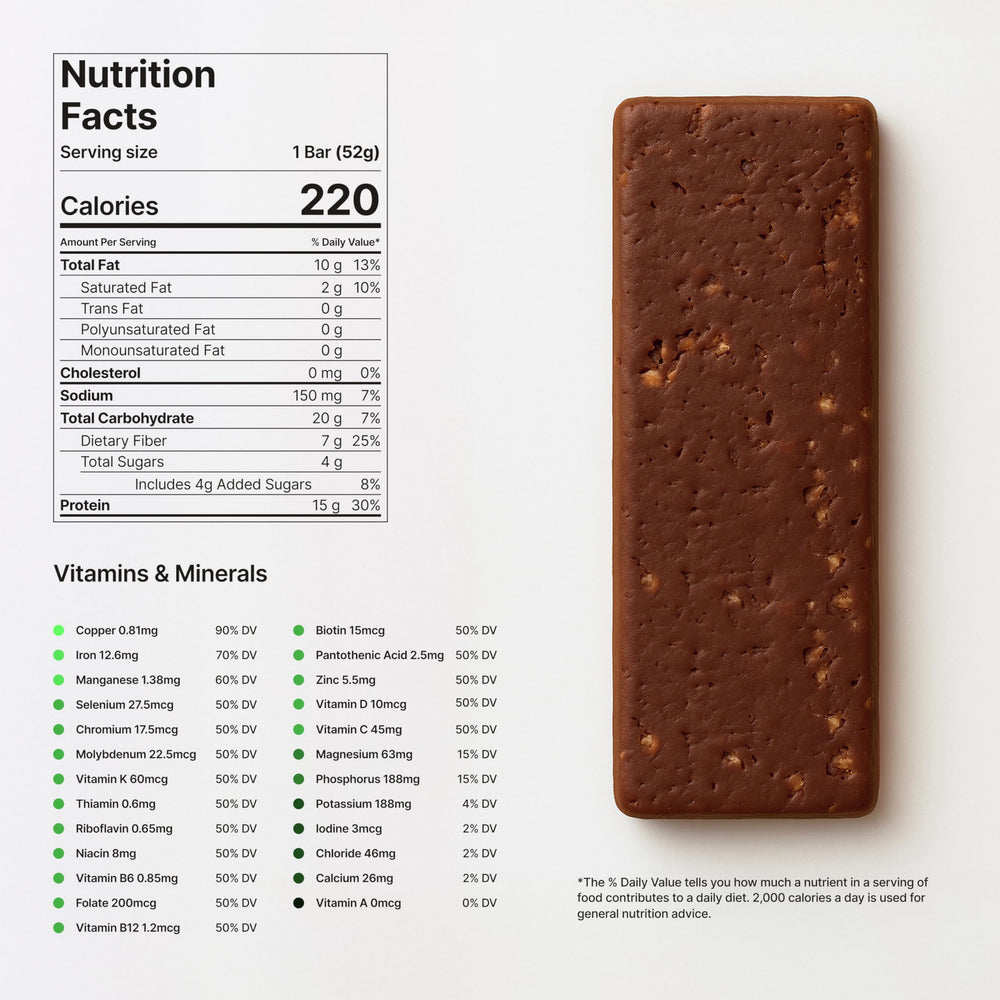 Novos Longevity Meal Bar Salted Chocolate Crunch ingredients showcase diverse superfoods and vitamins