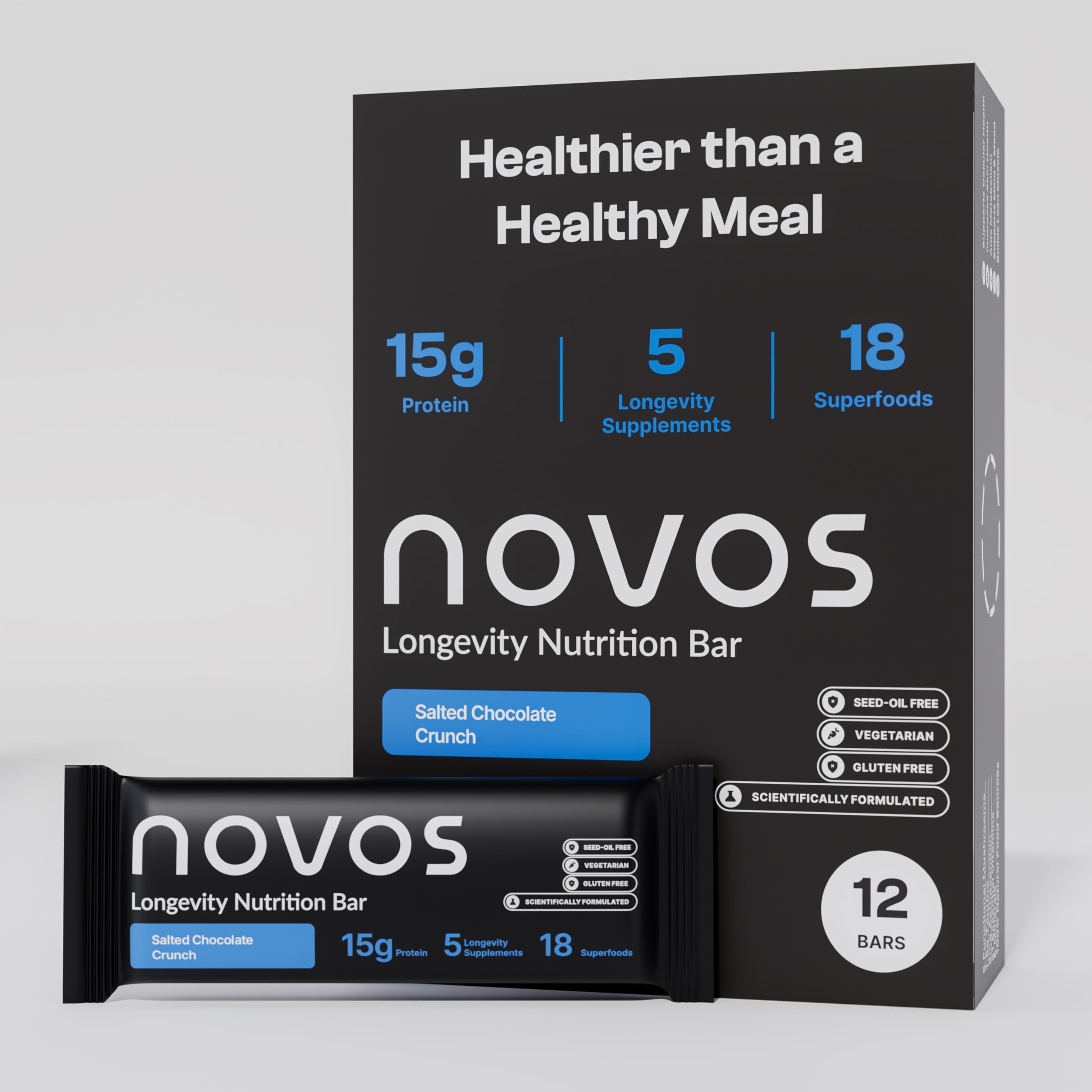 Novos Longevity Meal Bar Salted Chocolate Crunch pack shows convenient nutrition for on-the-go energy