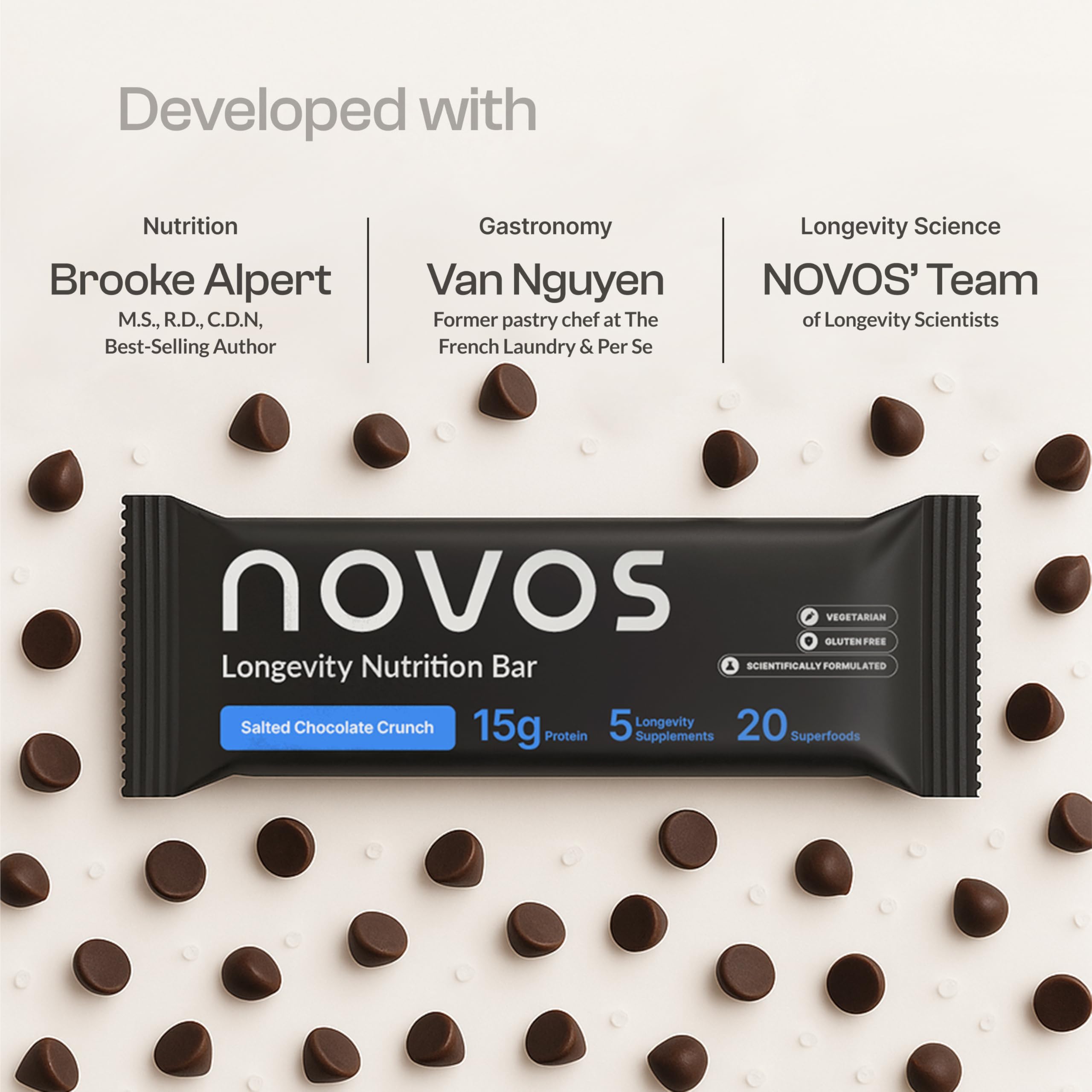 Novos Longevity Meal Bar Salted Chocolate Crunch packaging displays premium brand look