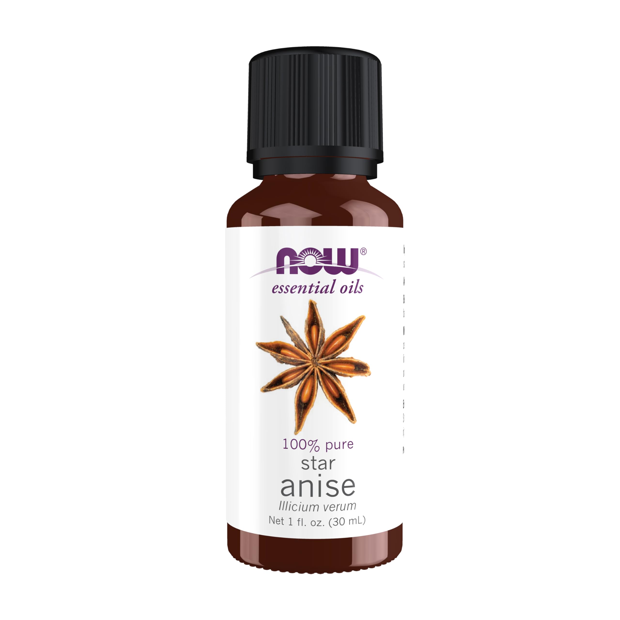 NOW Anise Oil bottle closeup highlighting pure, aromatic composition for diffusers.