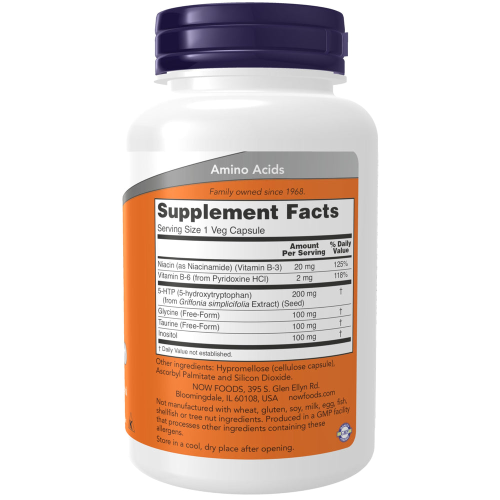 NOW Foods 5-HTP capsules close-up highlighting double strength 200 mg per capsule