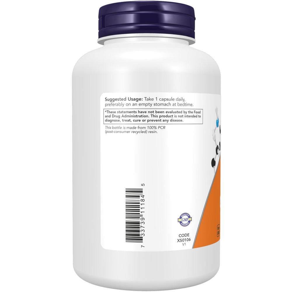 NOW Foods 5-HTP capsules closeup highlighting 100 mg potency for daily use