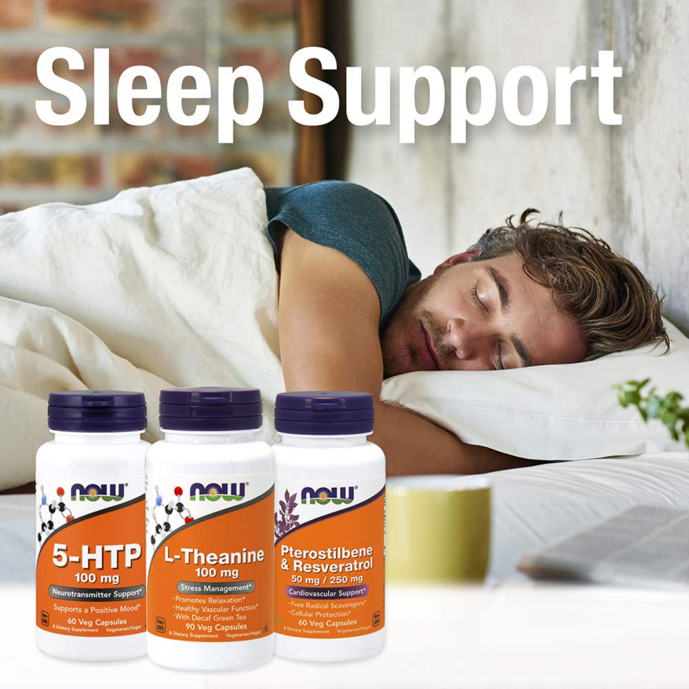 NOW Foods 5-HTP vegcaps container close-up highlighting plant-based capsules