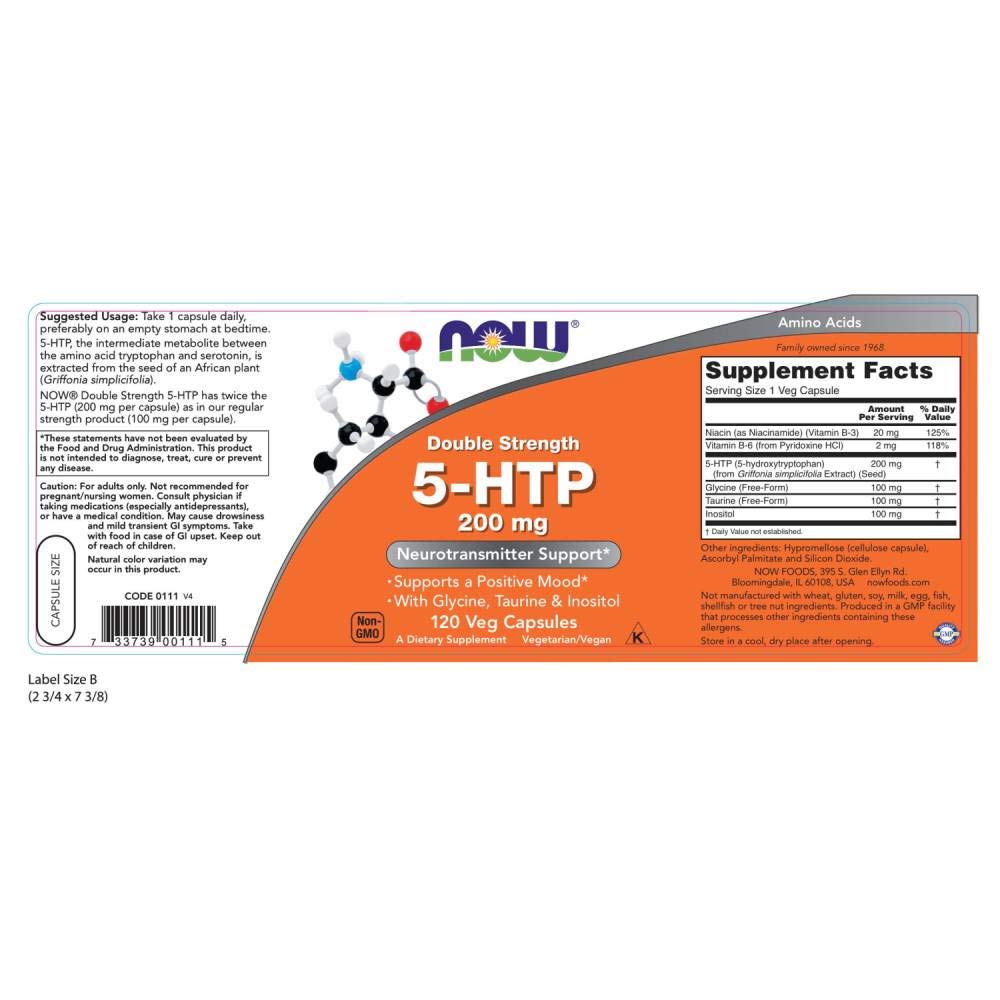 NOW Foods 5-HTP label close-up with Griffonia simplicifolia origin for daily wellness