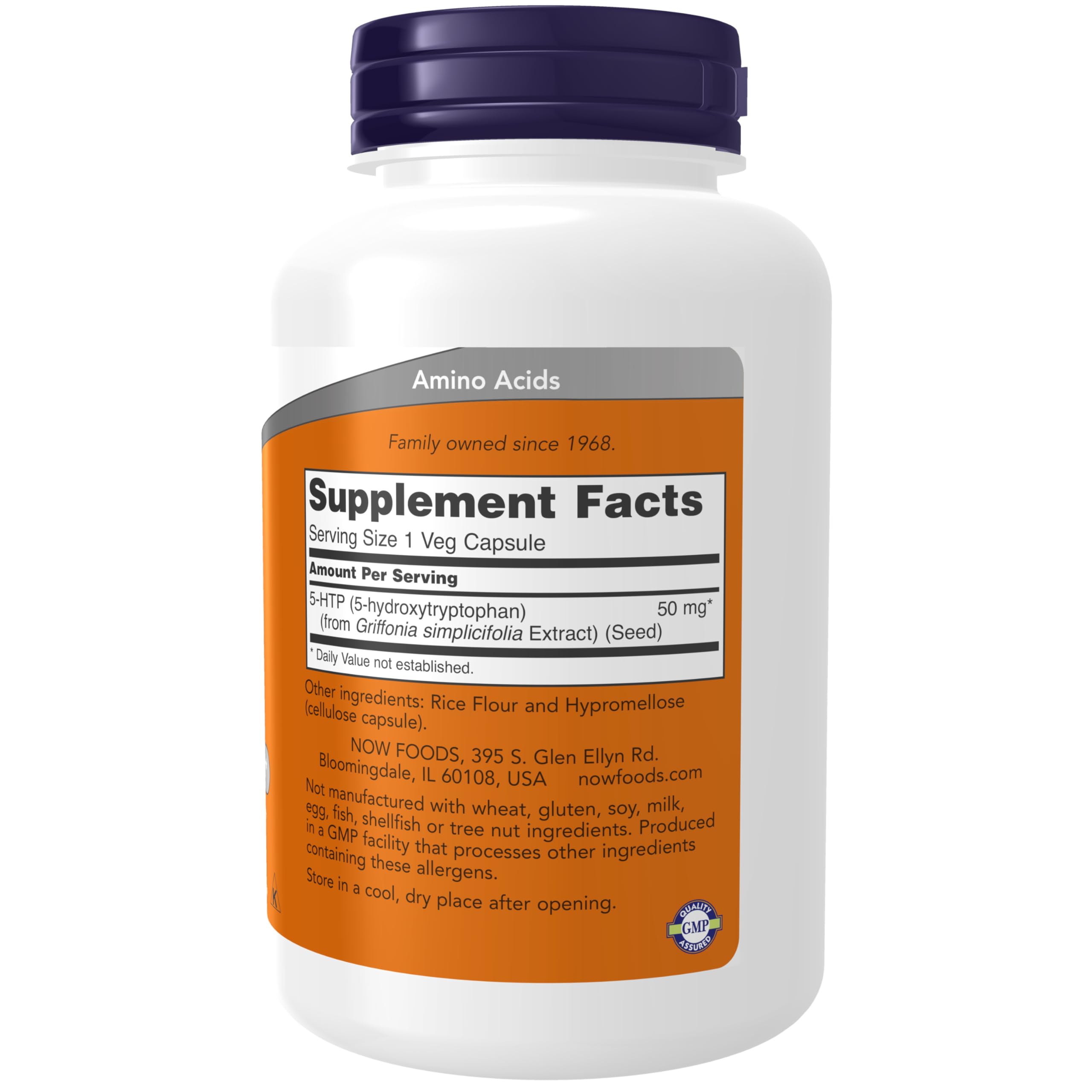 NOW Foods 5-HTP capsules close-up for easy daily use.