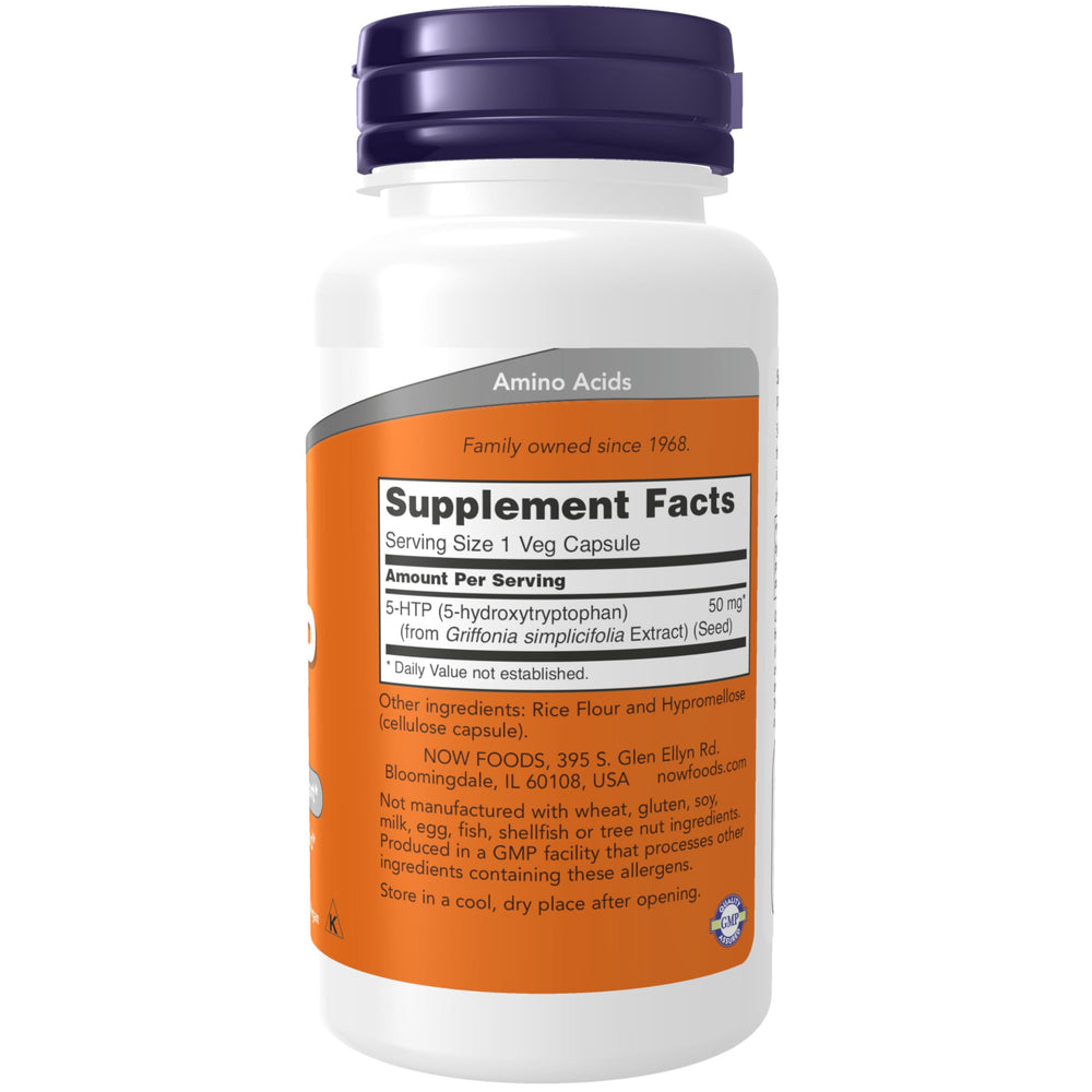 NOW Foods 5-HTP label detail highlighting ingredients and usage notes for shoppers.