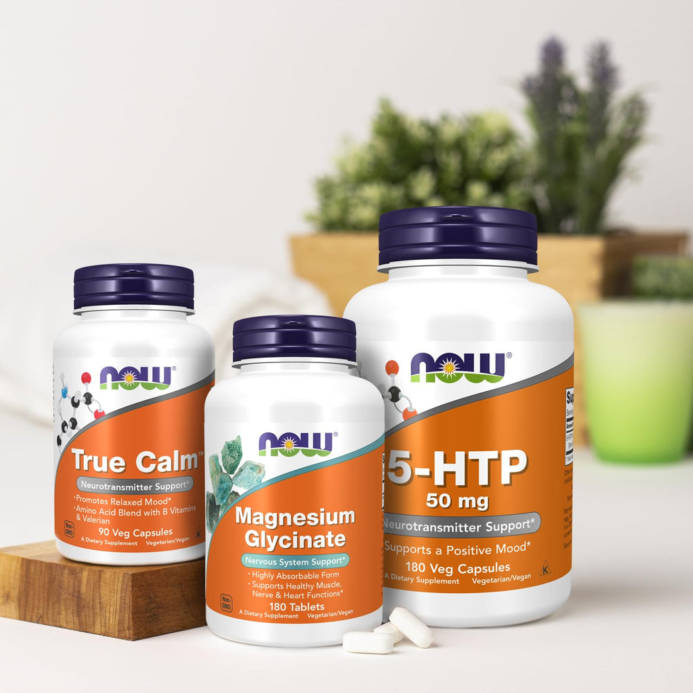 NOW Foods 5-HTP GMP-certified product label detail.