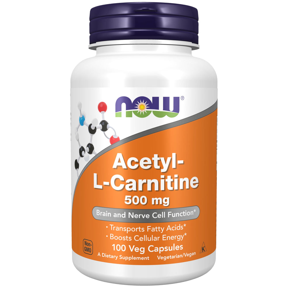 NOW Foods Acetyl-L-Carnitine 500 mg bottle front view for daily energy support