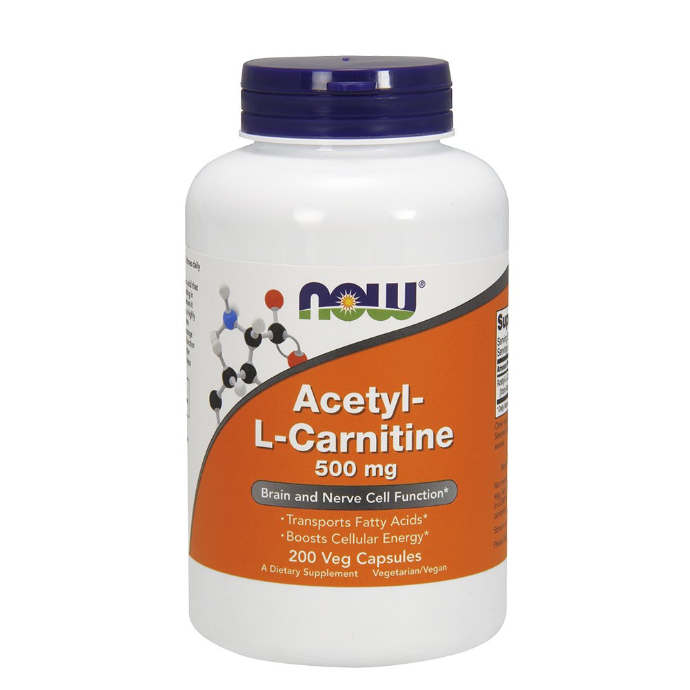 Now Foods Acetyl L-Carnitine 500mg bottle may support cellular energy and cognitive function
