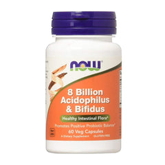 NOW Foods Acidophilus and Bifidus bottle showing 8-billion CFU for daily gut balance support