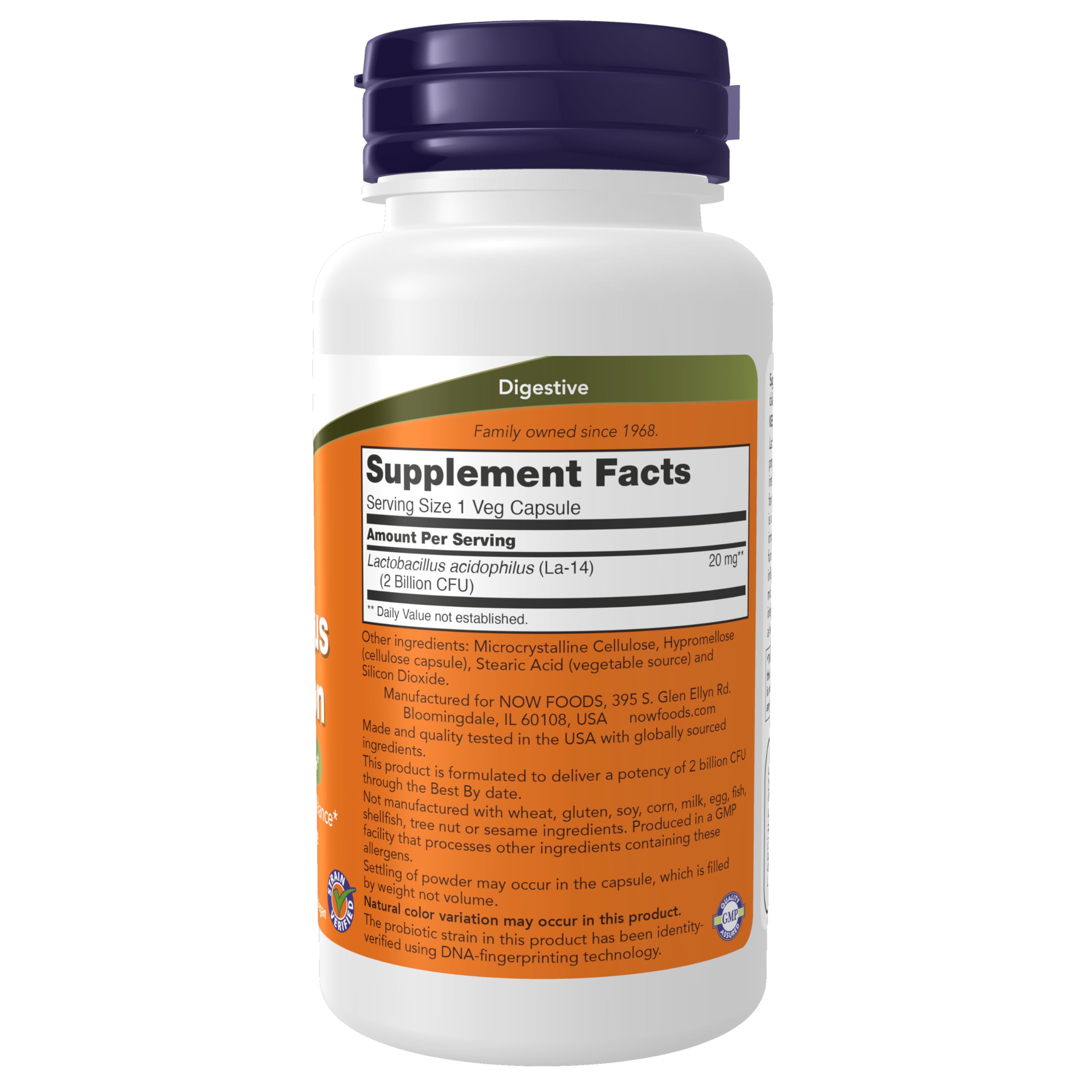 NOW Foods Acidophilus DNA verification seal confirms strain identity.
