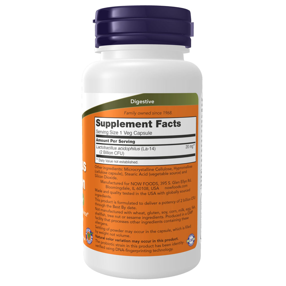 NOW Foods Acidophilus DNA verification seal confirms strain identity.