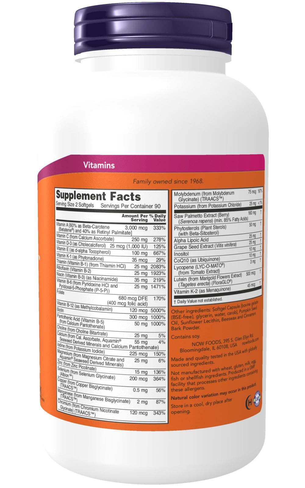 NOW Foods ADAM bottle showing ingredient highlights: Saw Palmetto and CoQ10.