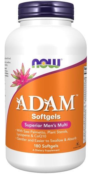 NOW Foods Adam Men's Multivitamin softgels on table for daily use