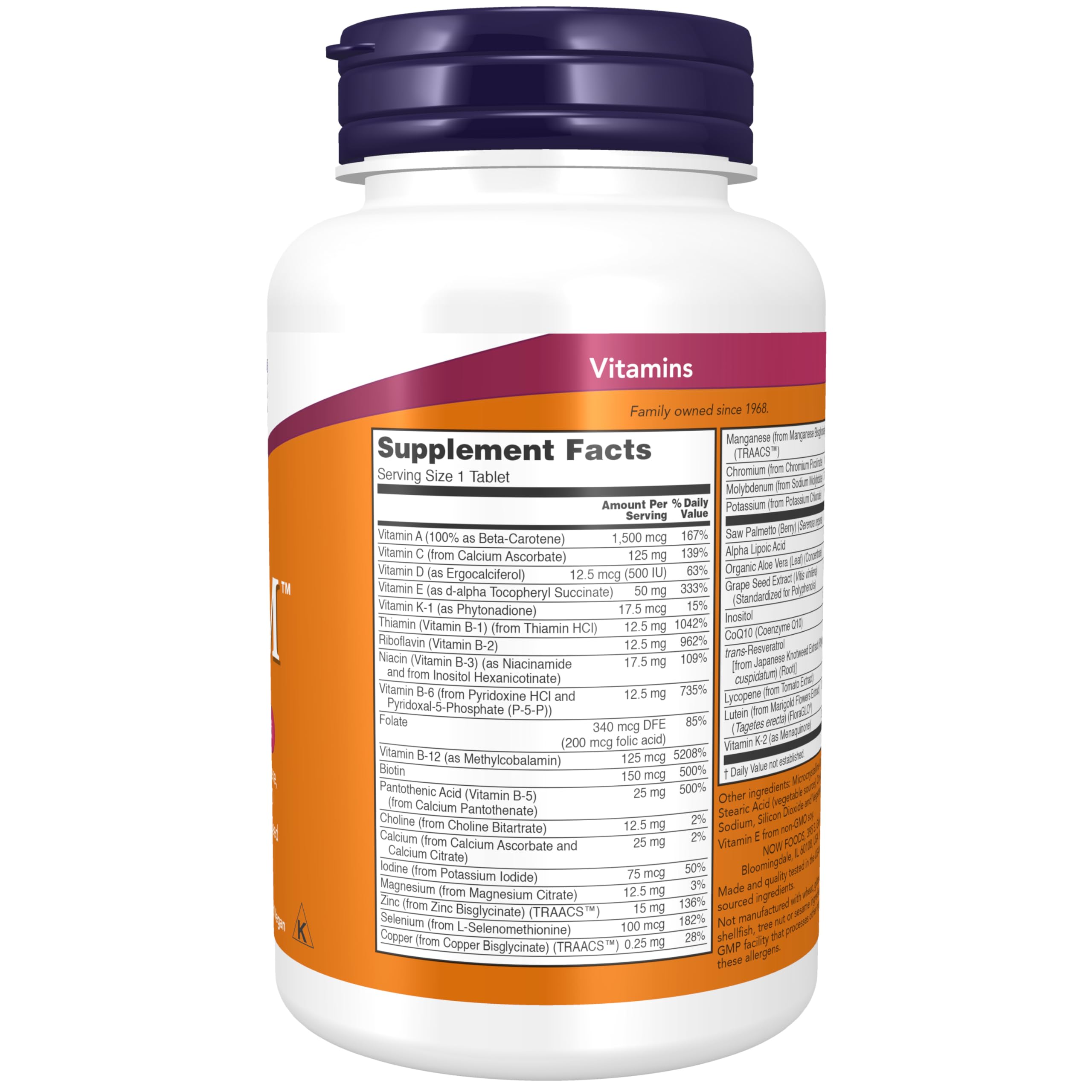 NOW Foods ADAM tablets closeup highlighting compact daily capsules