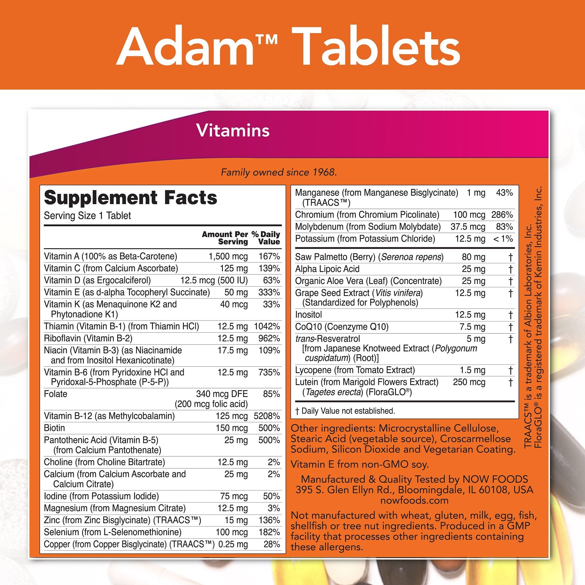 NOW Foods ADAM softgels close-up, gentle swallow and enhanced absorption.