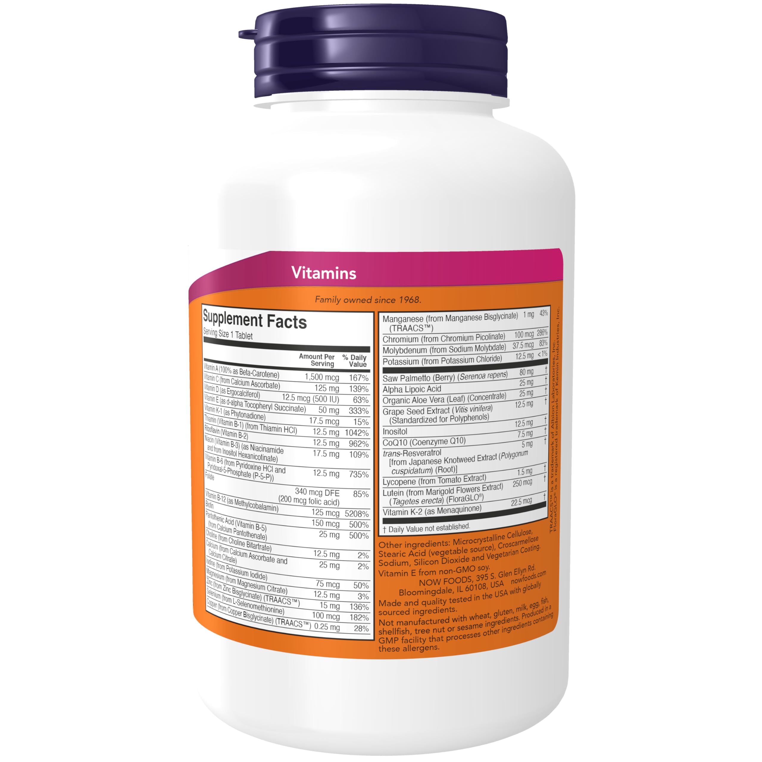 NOW Foods ADAM bottle label highlights key ingredients for men's health.