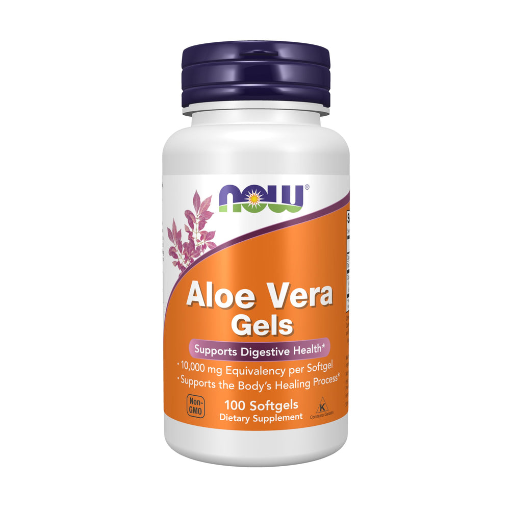 NOW Foods Aloe Vera 10,000 mg softgels bottle close-up for digestive support.