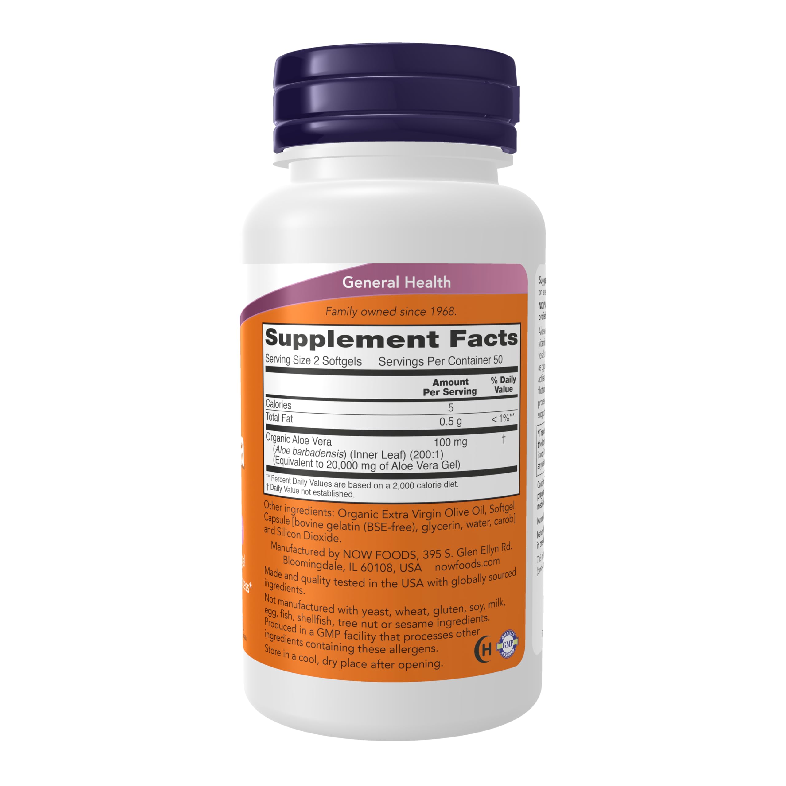 NOW Foods Aloe Vera softgels label detail showing 10,000 mg per capsule.