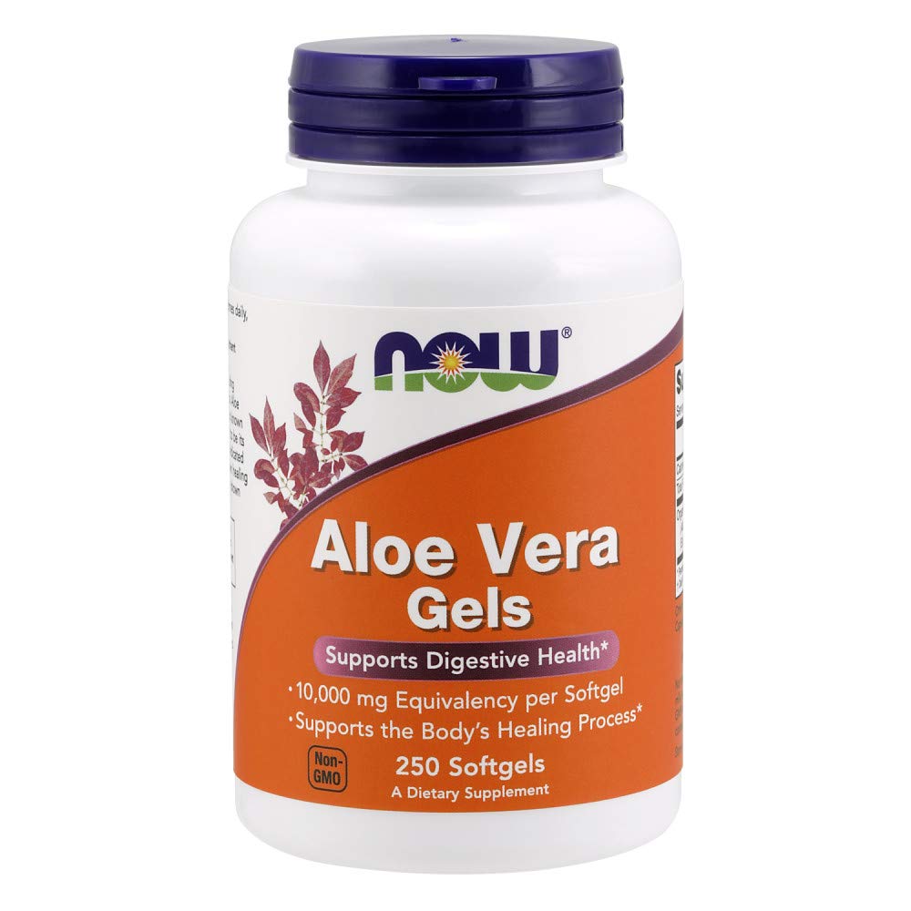 NOW Foods Aloe Vera Gels bottle label highlights 10,000 mg per softgel for daily digestive wellness