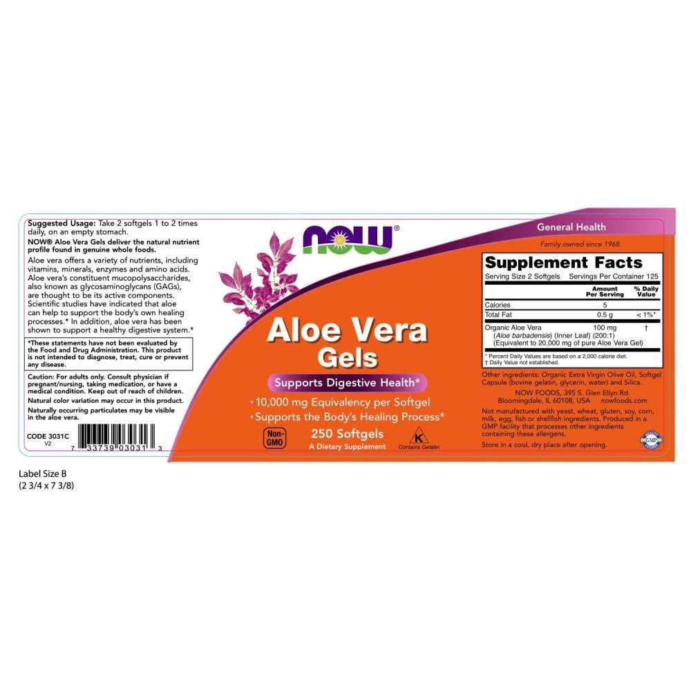 NOW Foods Aloe Vera Gels softgels closeup shows smooth capsules for easy daily use