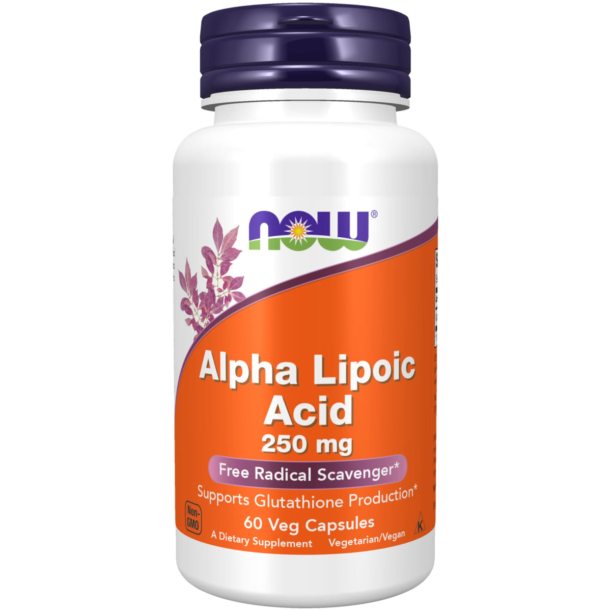 NOW Foods Alpha Lipoic Acid 250 mg bottle highlighting antioxidant support and glutathione recycling.