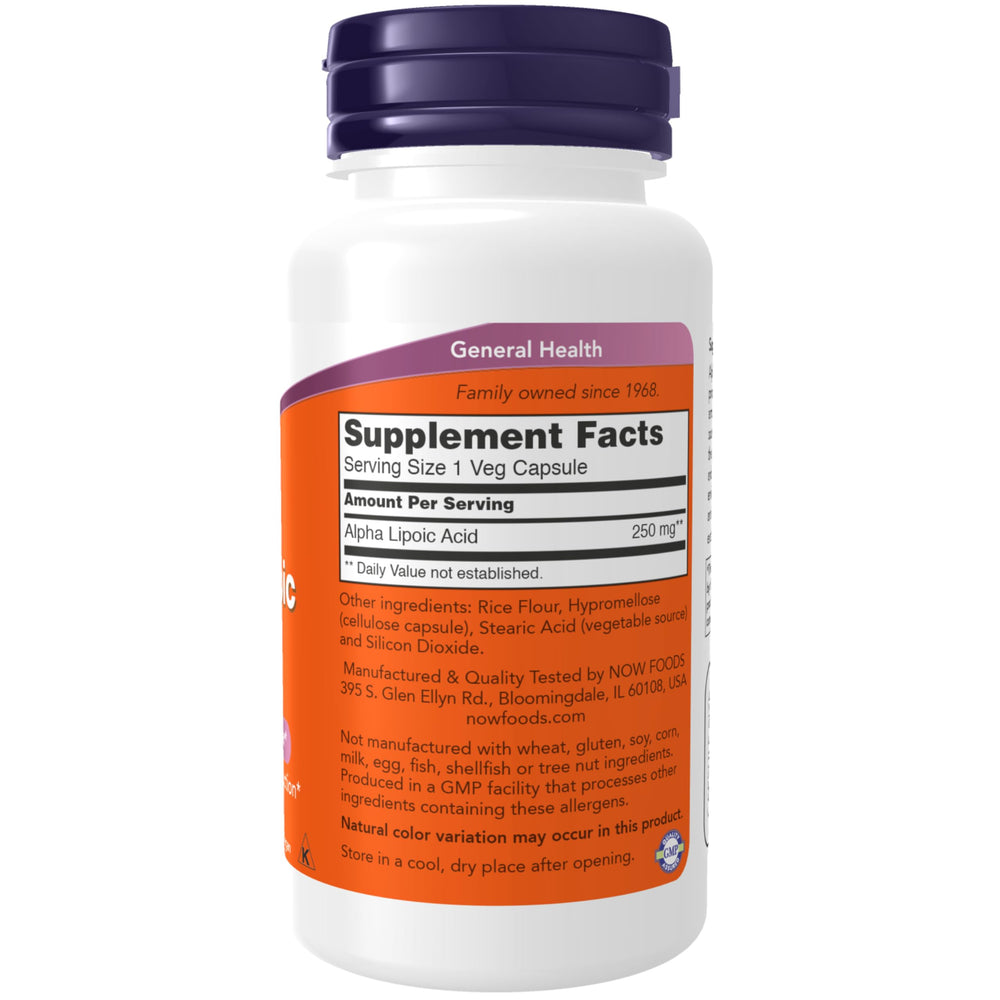 NOW Foods Alpha Lipoic Acid 250 mg capsules suit daily supplementation needs.