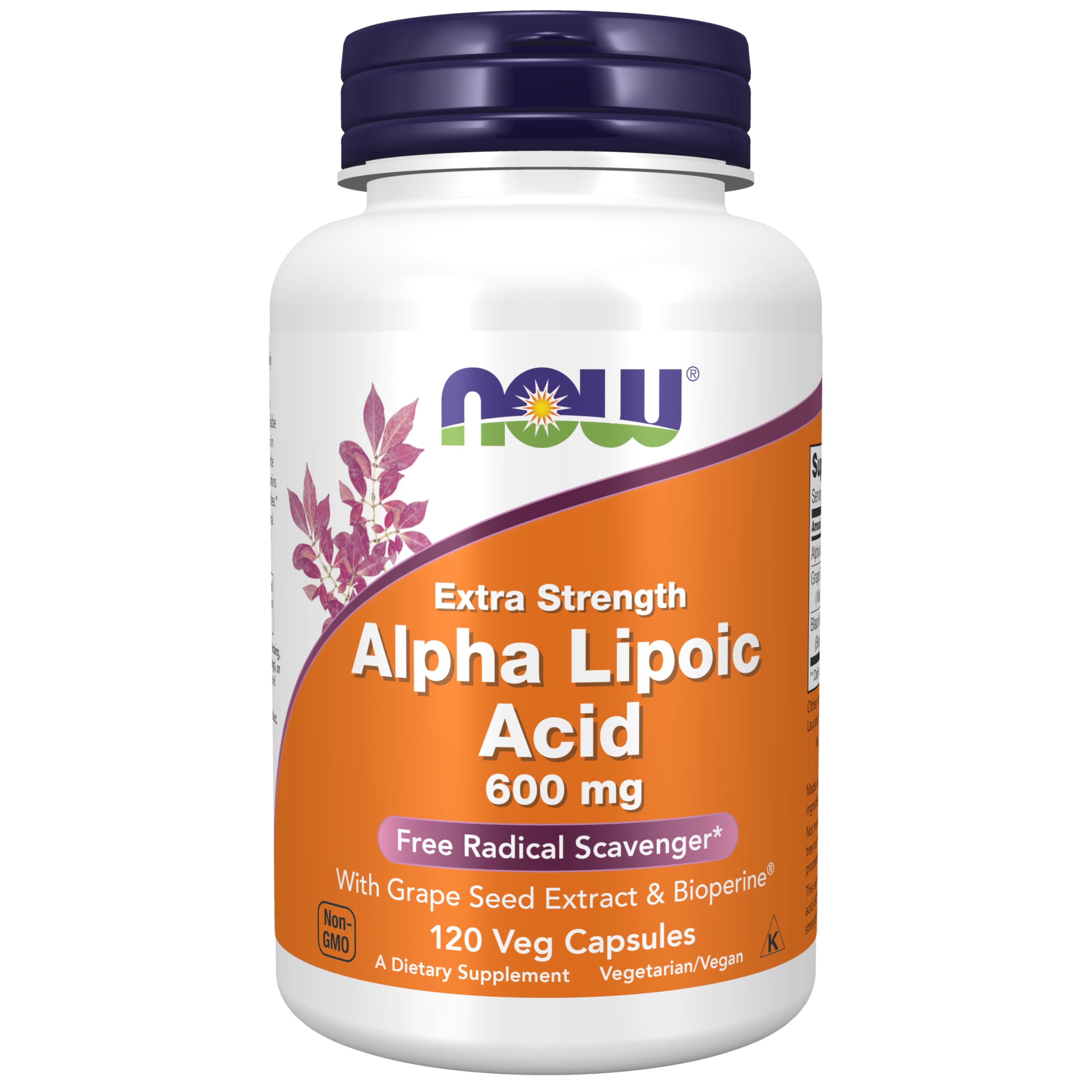 NOW Foods Alpha Lipoic Acid bottle front showing extra-strength 600 mg per capsule