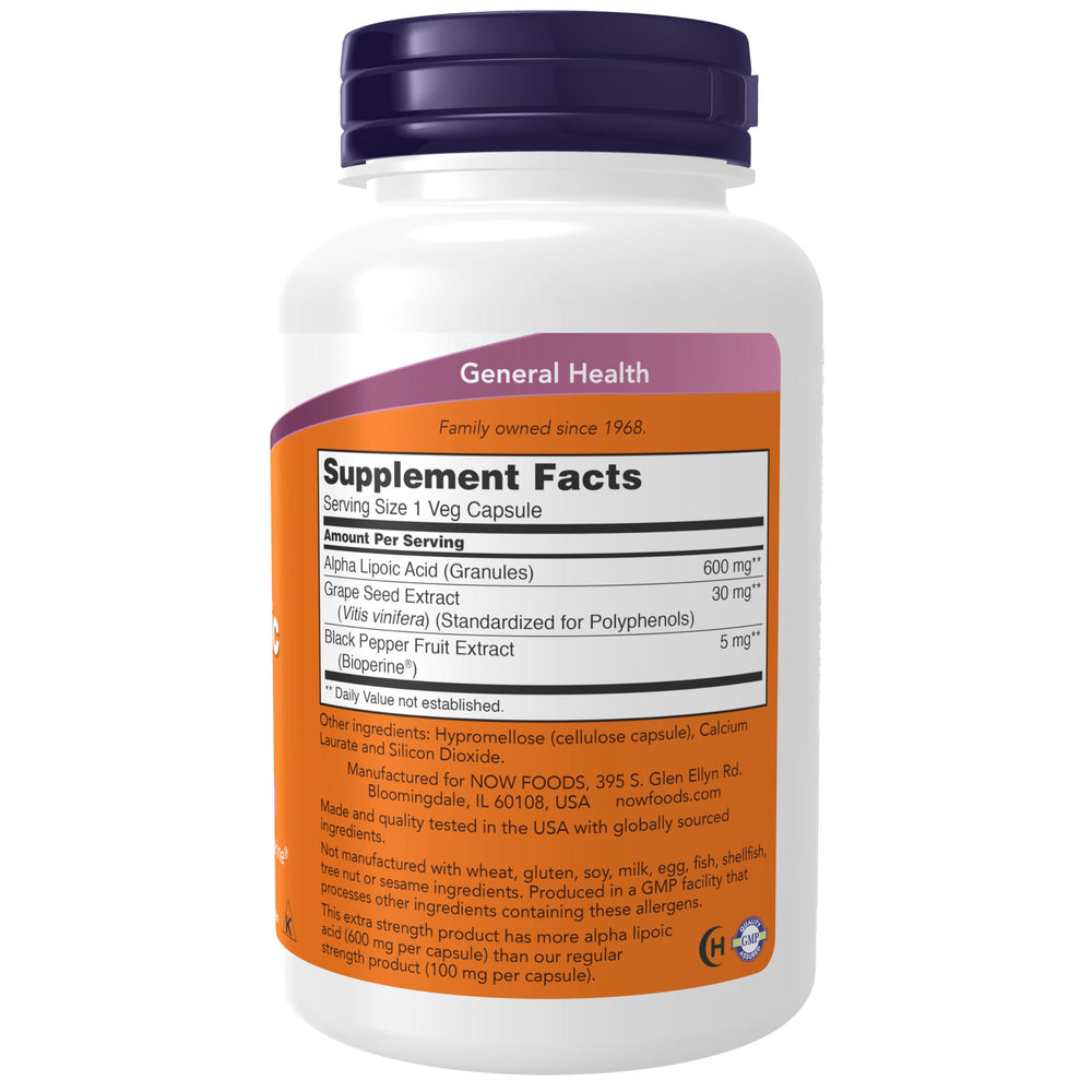 NOW Foods Alpha Lipoic Acid capsule close-up for daily dosage
