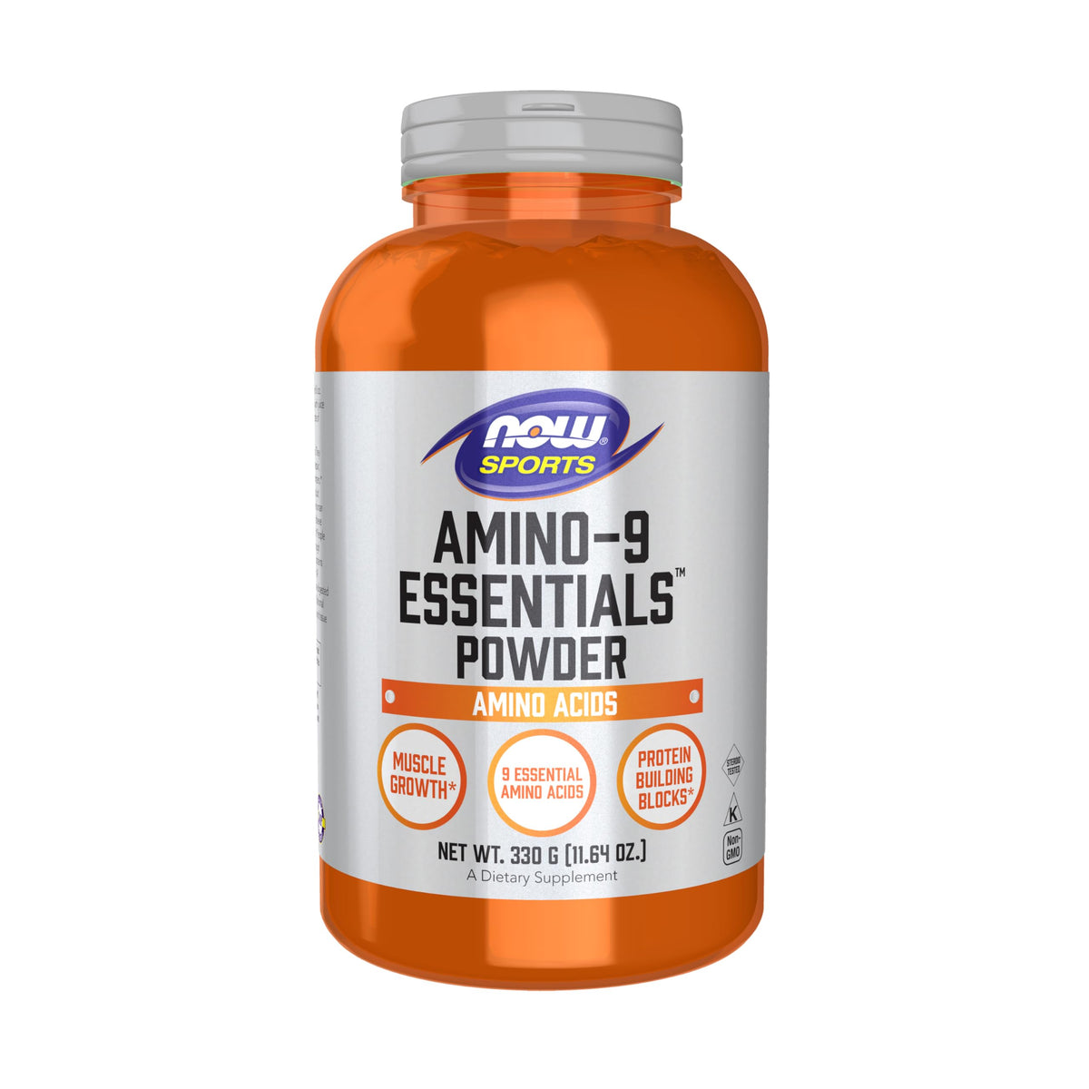 NOW Foods Amino-9 Essentials powder bottle front view for post-workout recovery support