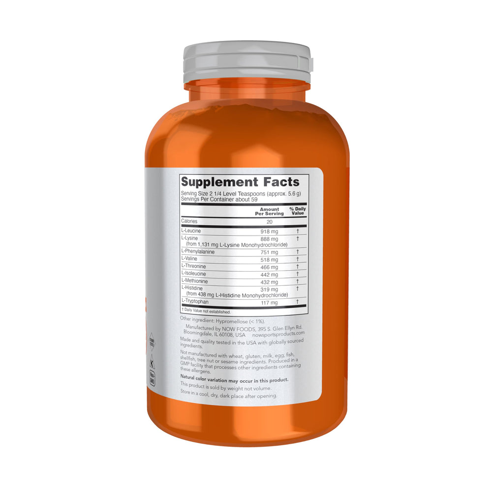 Close-up of NOW Foods Amino-9 Essentials label showing essential amino acids