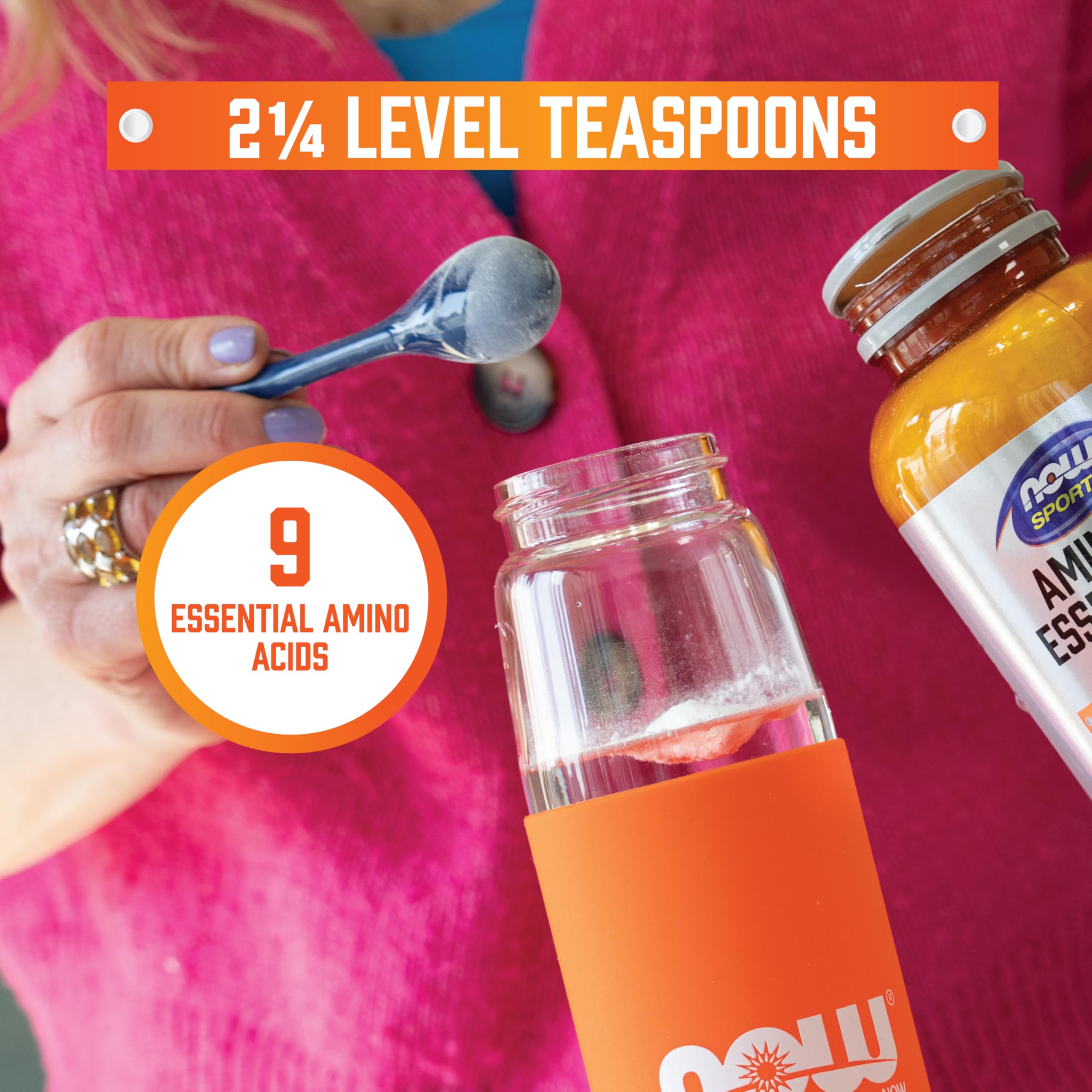 Scoop with NOW Foods Amino-9 Essentials powder ready to mix into a drink