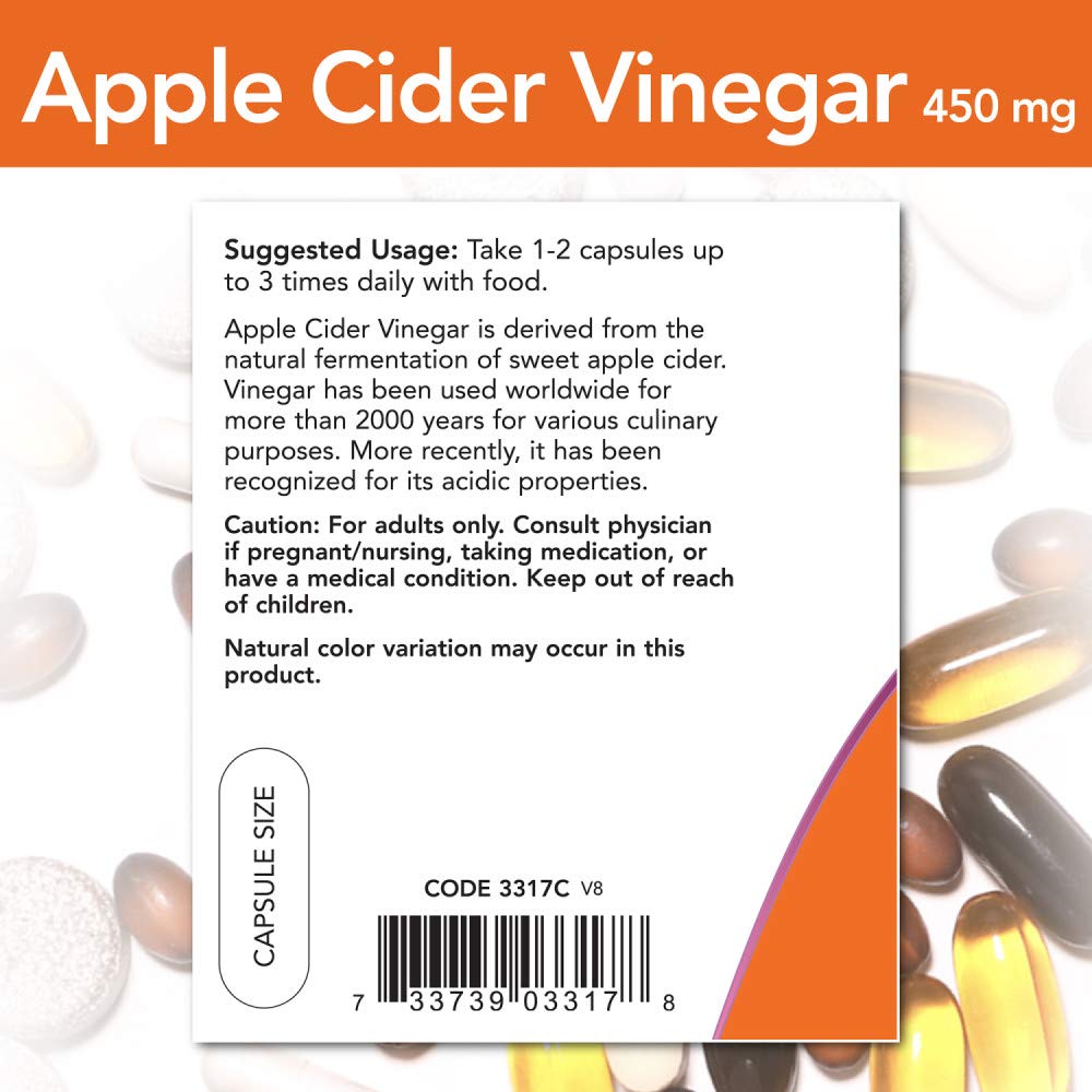 Close-up of Now Foods Apple Cider Vinegar label showing 450 mg per capsule.