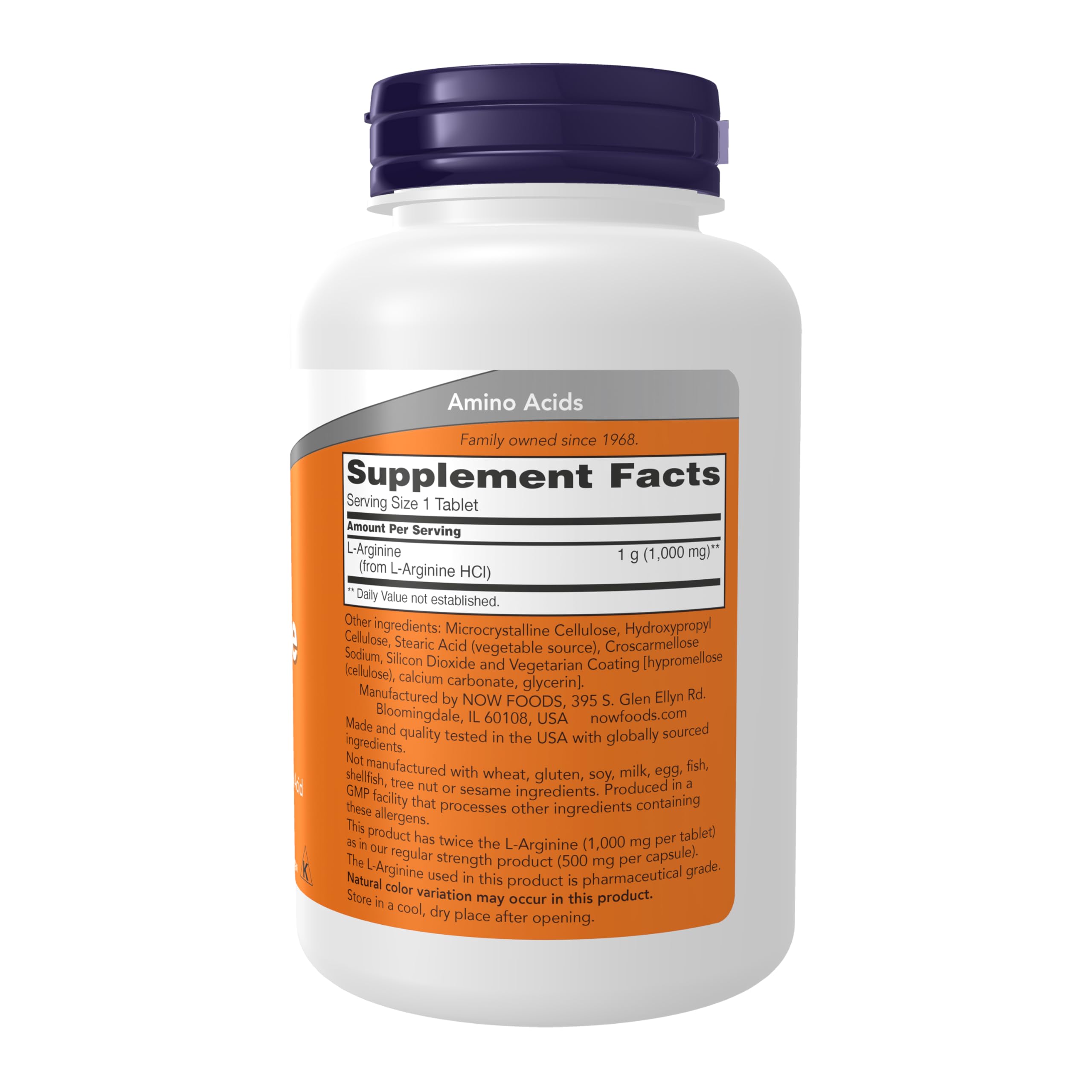 NOW Foods L-Arginine 1000 mg tablets dosage close-up showing the double-strength formula