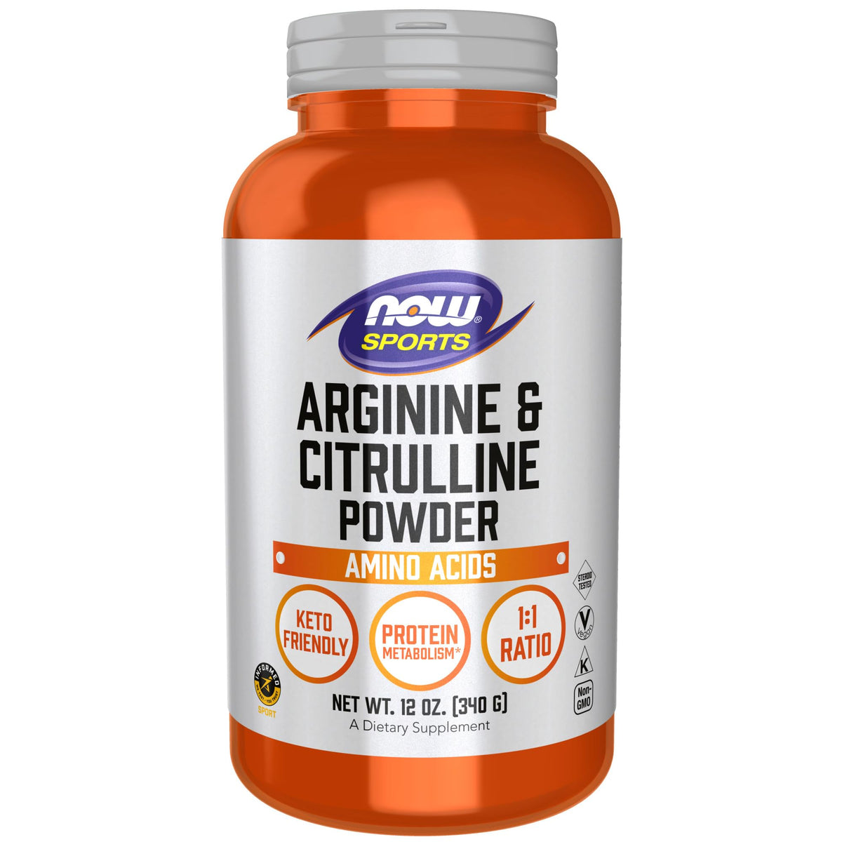 NOW Foods Arginine Citrulline powder bottle shows 1:1 ratio for amino acid balance.