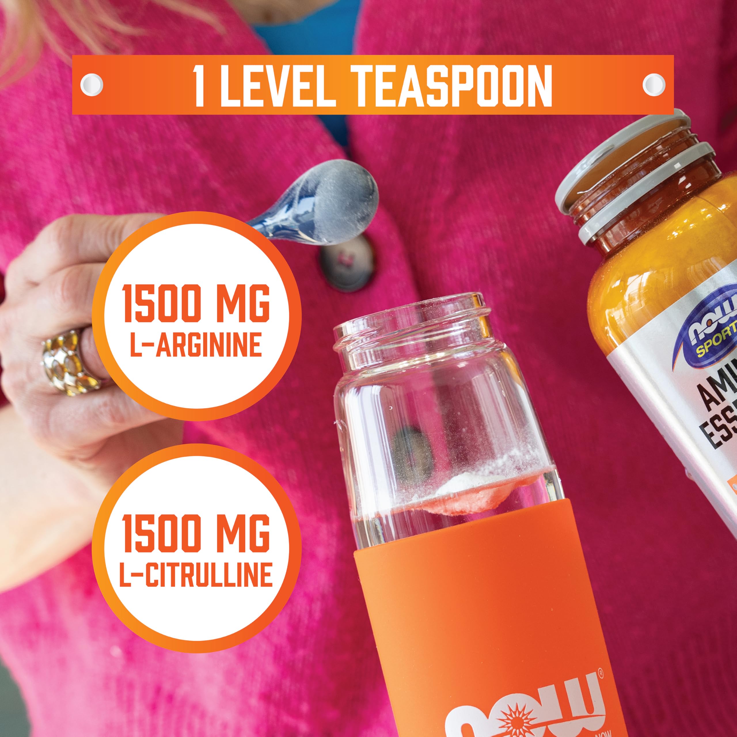 NOW Foods Arginine Citrulline powder label view highlights clear ingredient information.