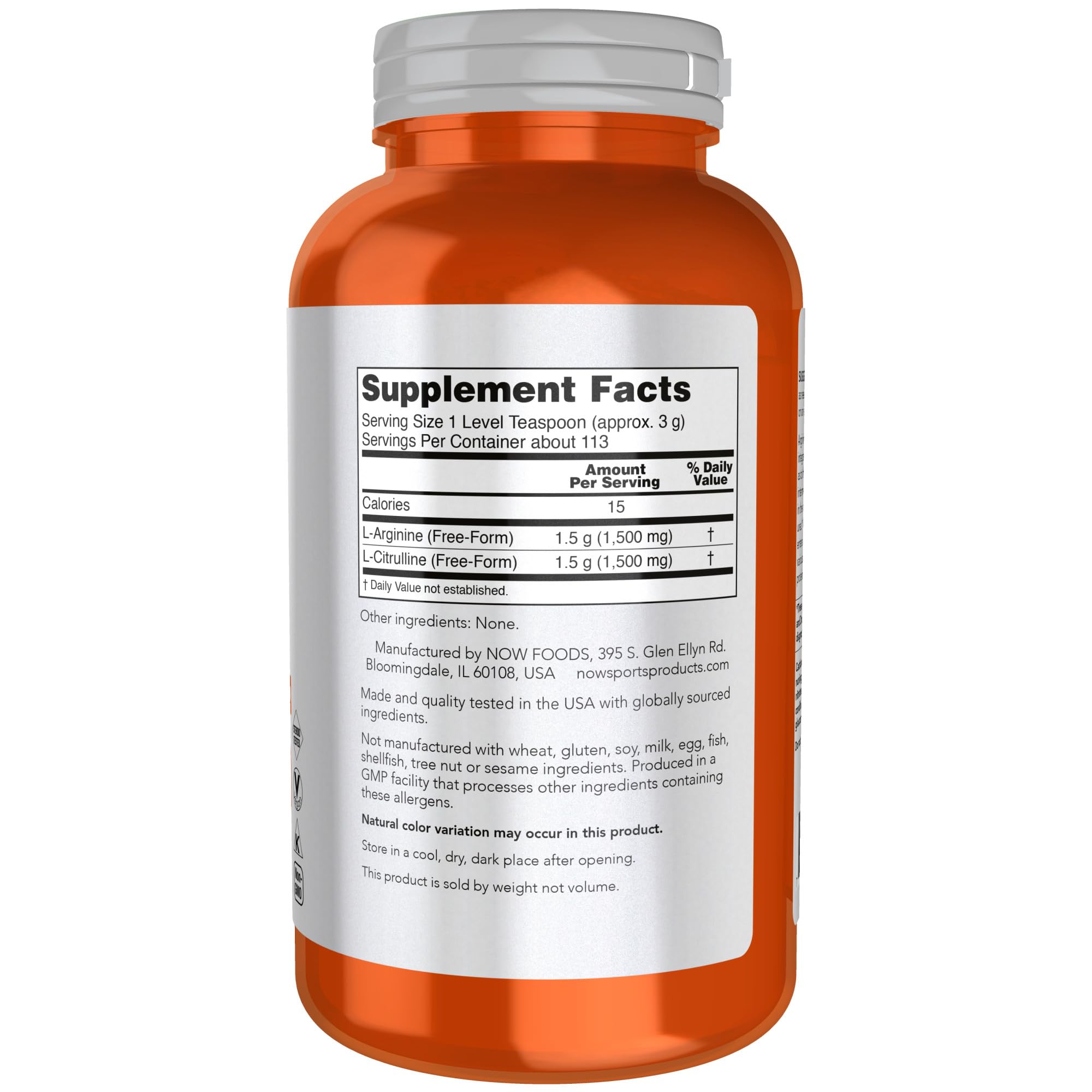 NOW Foods Arginine Citrulline powder scoop enables easy workout measurements.