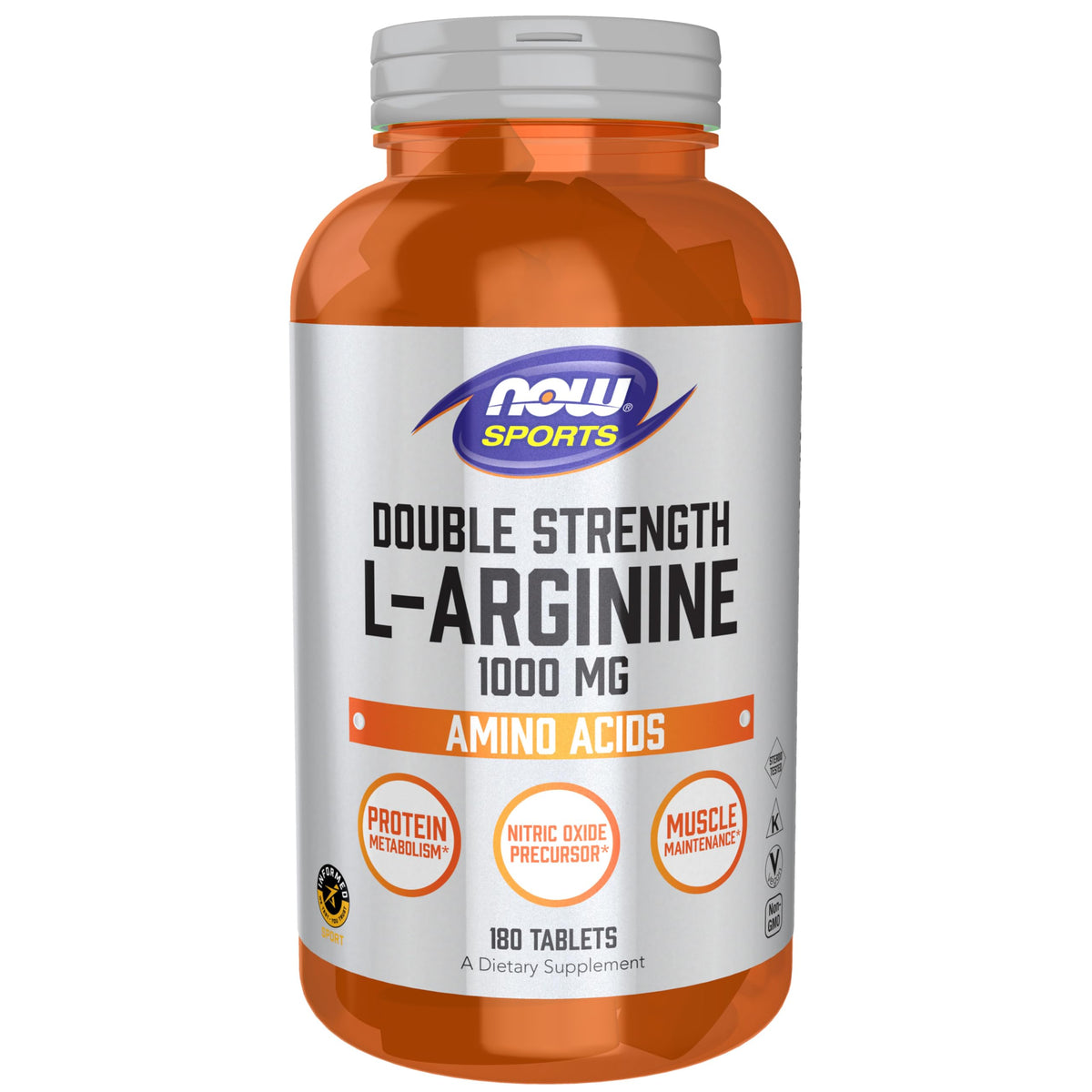 NOW Foods Arginine double-strength 1000mg tablets front view for daily workouts