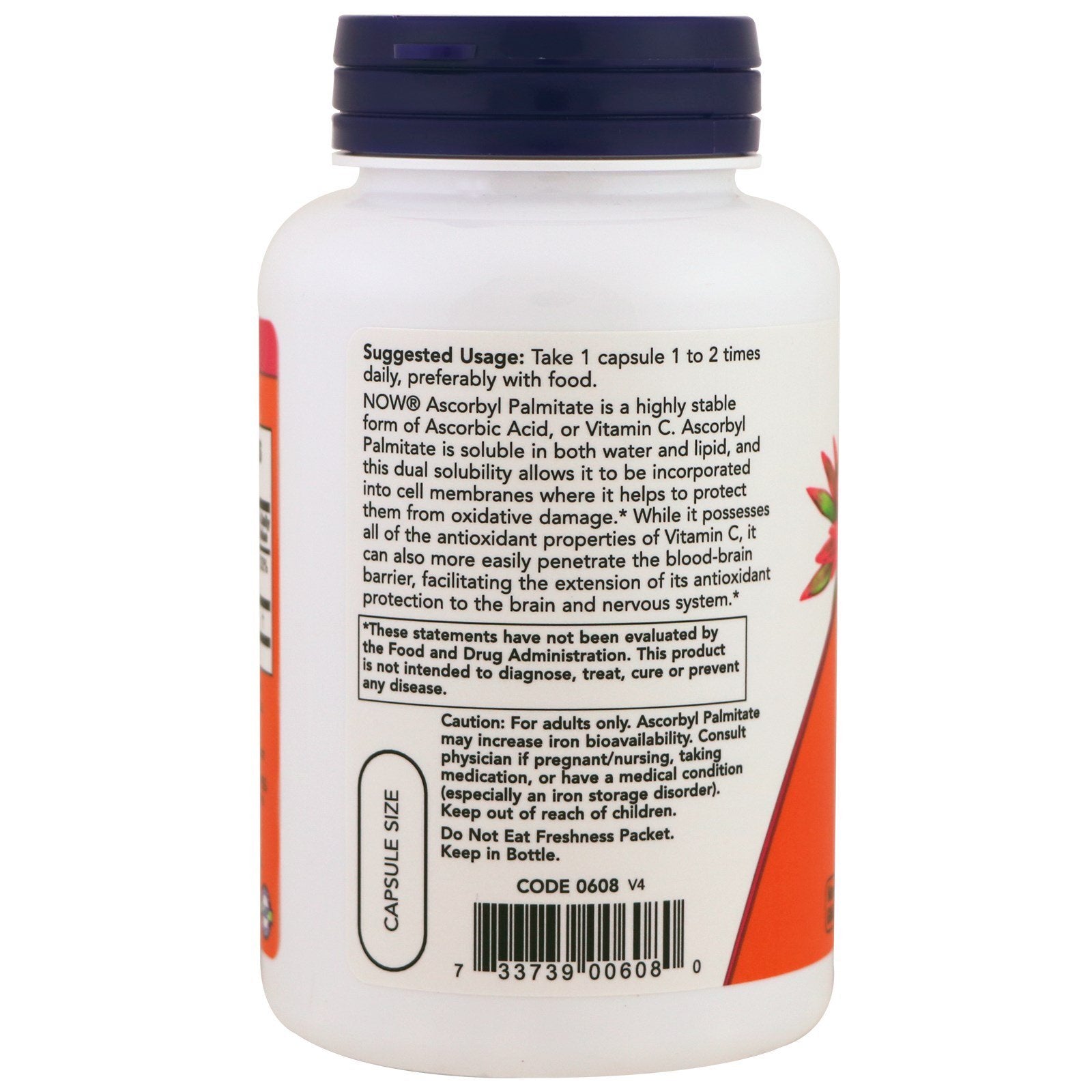 NOW Foods Ascorbyl Palmitate ingredients label showing fat-soluble vitamin C source.