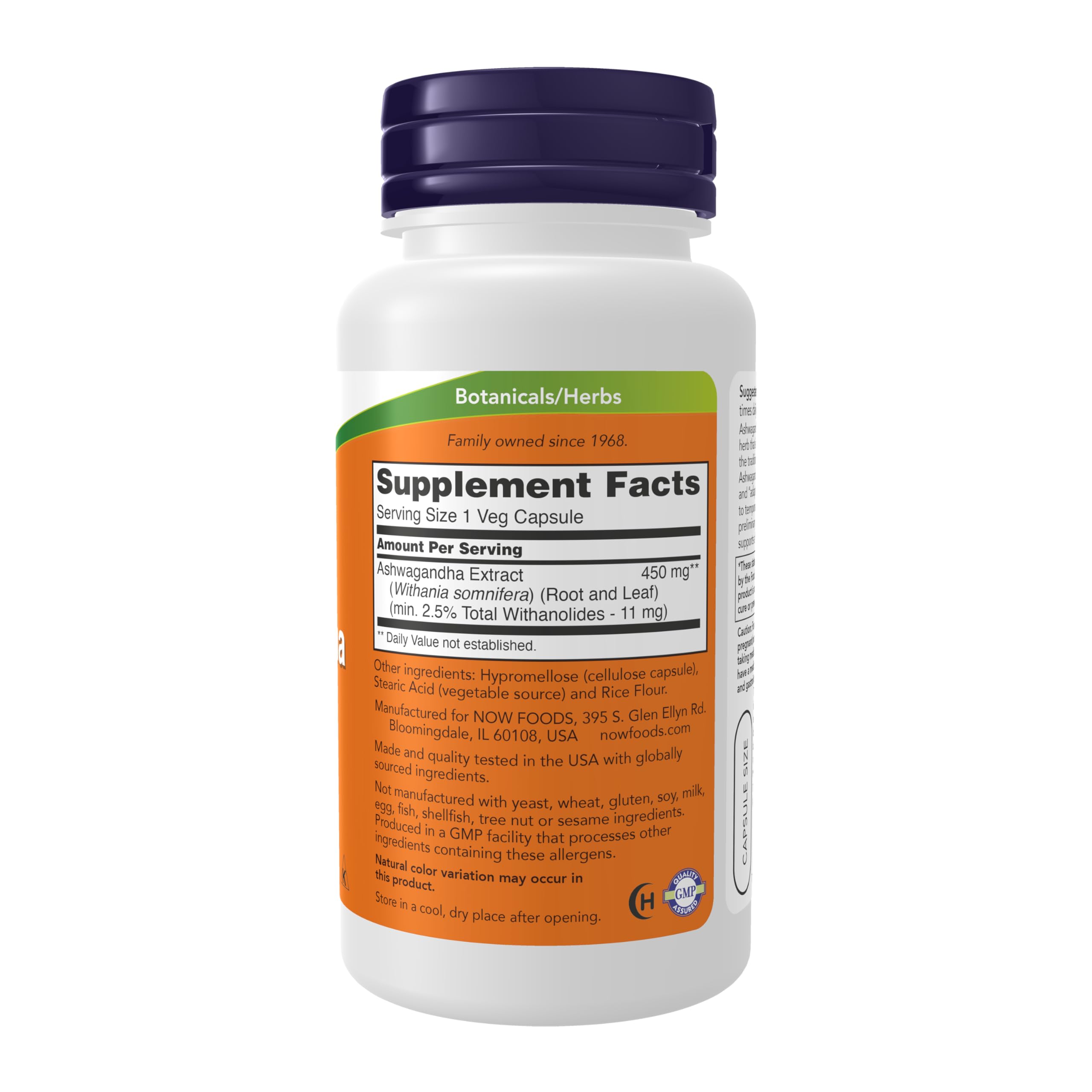 NOW Foods Ashwagandha capsules close-up, vegan-friendly herbal supplement